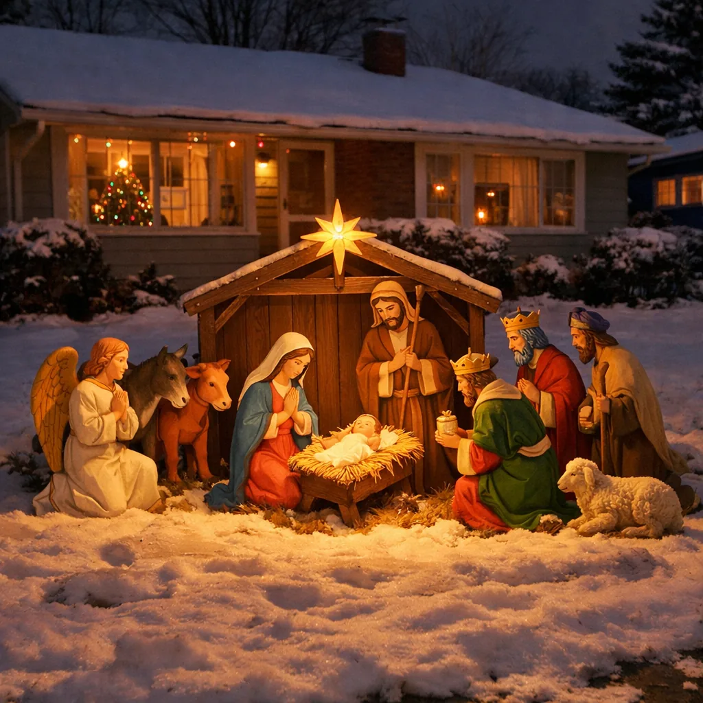 A 1960s front yard in winter with an illuminated outdoor nativity scene, painted plywood figures glowing in the dark, sn