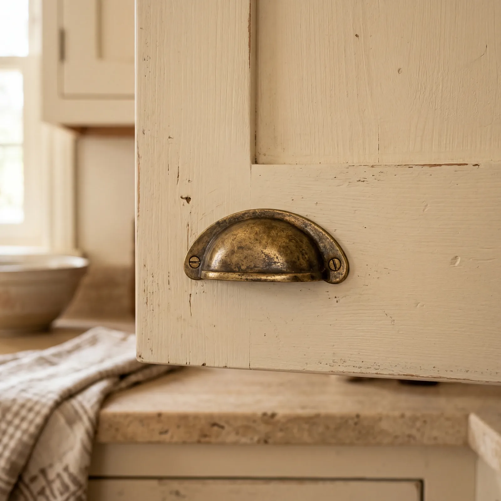 Close-up of farmhouse kitchen cabinet with antique brass cup pull hardware on a cream cabinet door, warm light