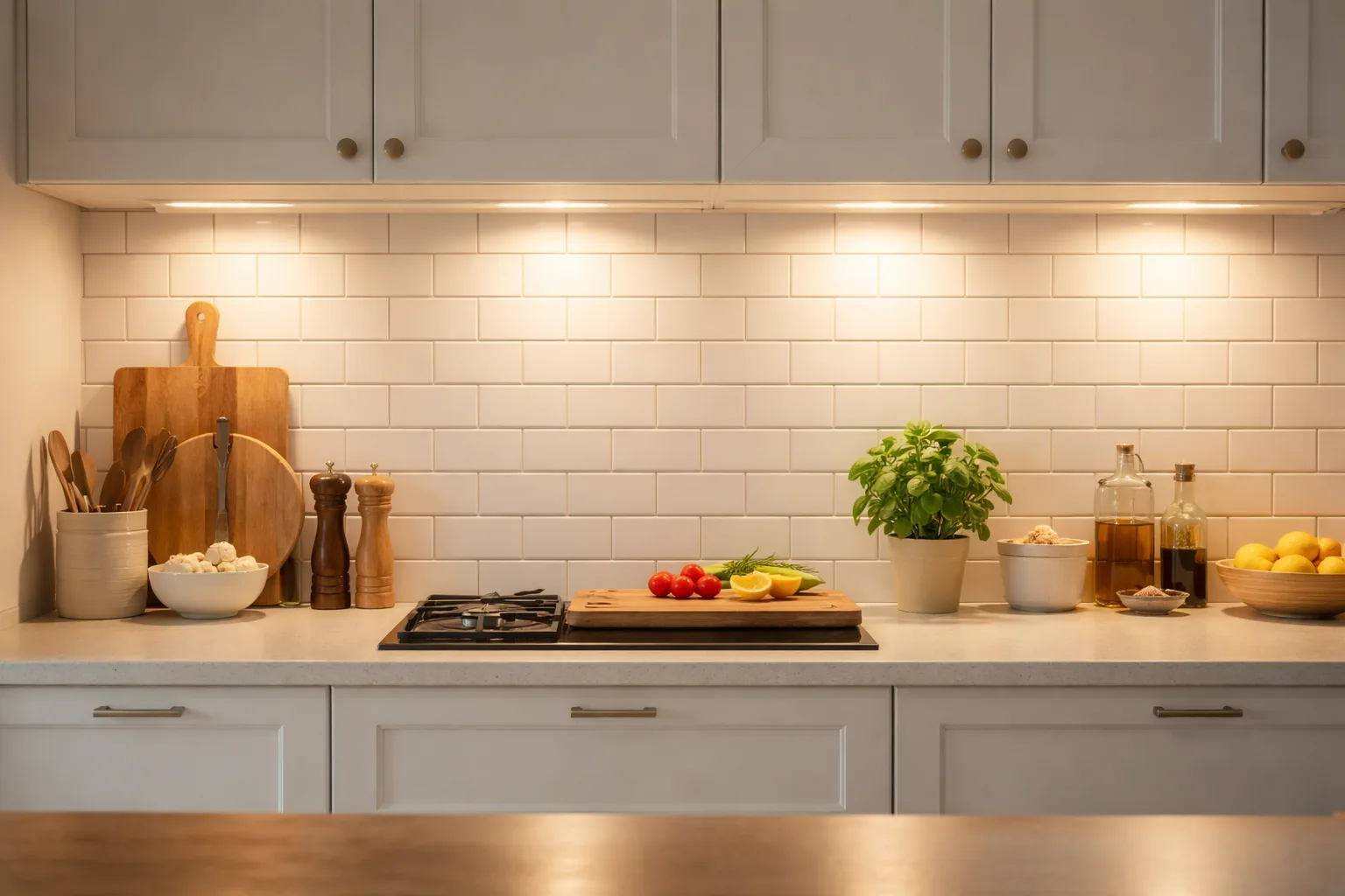 Kitchen under-cabinet LED lighting illuminating the counter and backsplash in warm light
