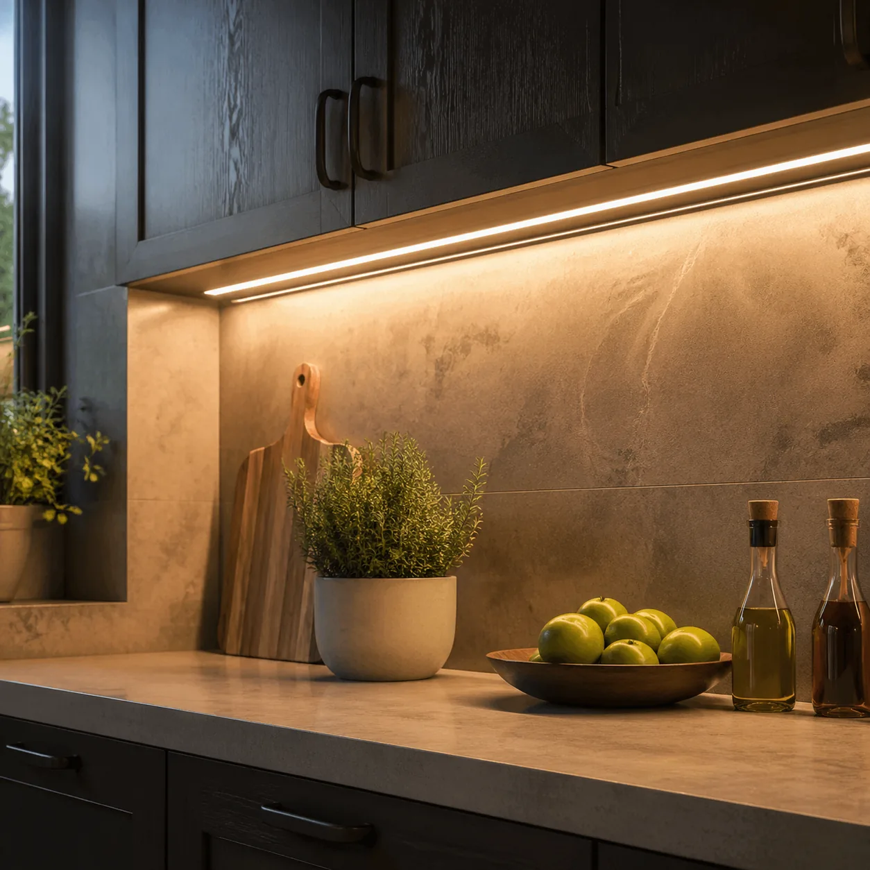 Kitchen under-cabinet LED lighting illuminating the counter and backsplash in warm light