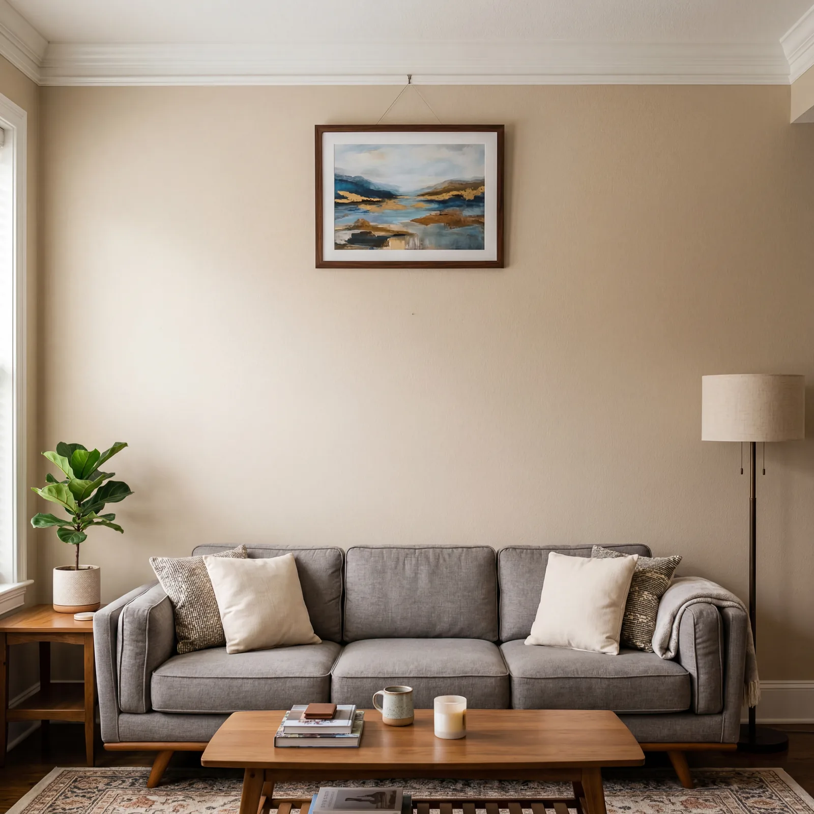 Living room wall with artwork hung too high near the ceiling, looking disconnected from the furniture below