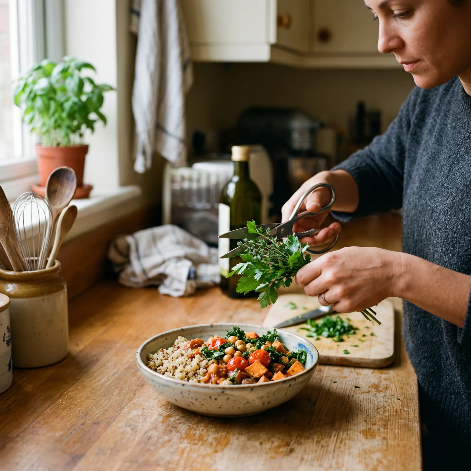 Person using kitchen scissors to cut fresh herbs directly over a bowl of food, casual home kitchen, natural afternoon li