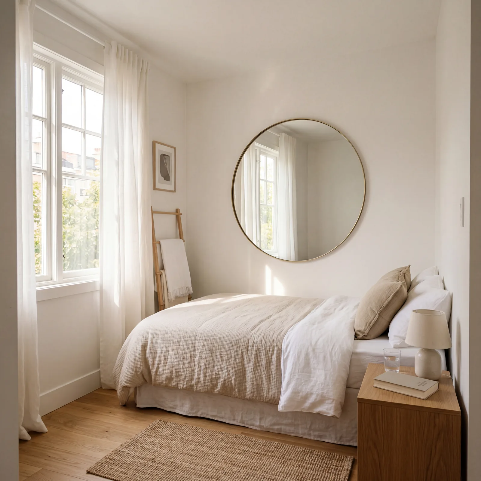 Small bedroom made brighter with a large round mirror on the wall opposite the window, natural light bouncing across the