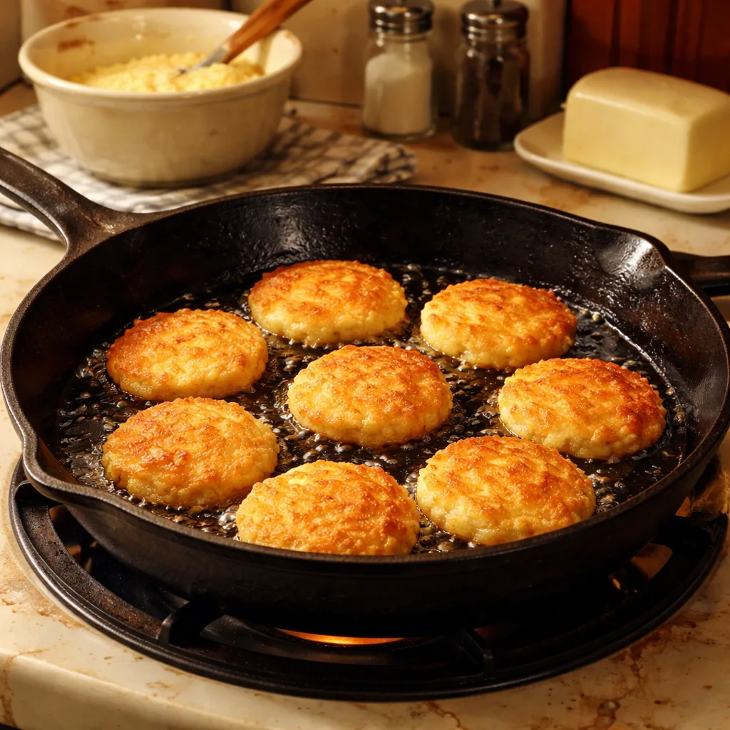 small round golden hoecakes cooking in a cast iron skillet, crispy edges, simple batter of cornmeal and water visible, w