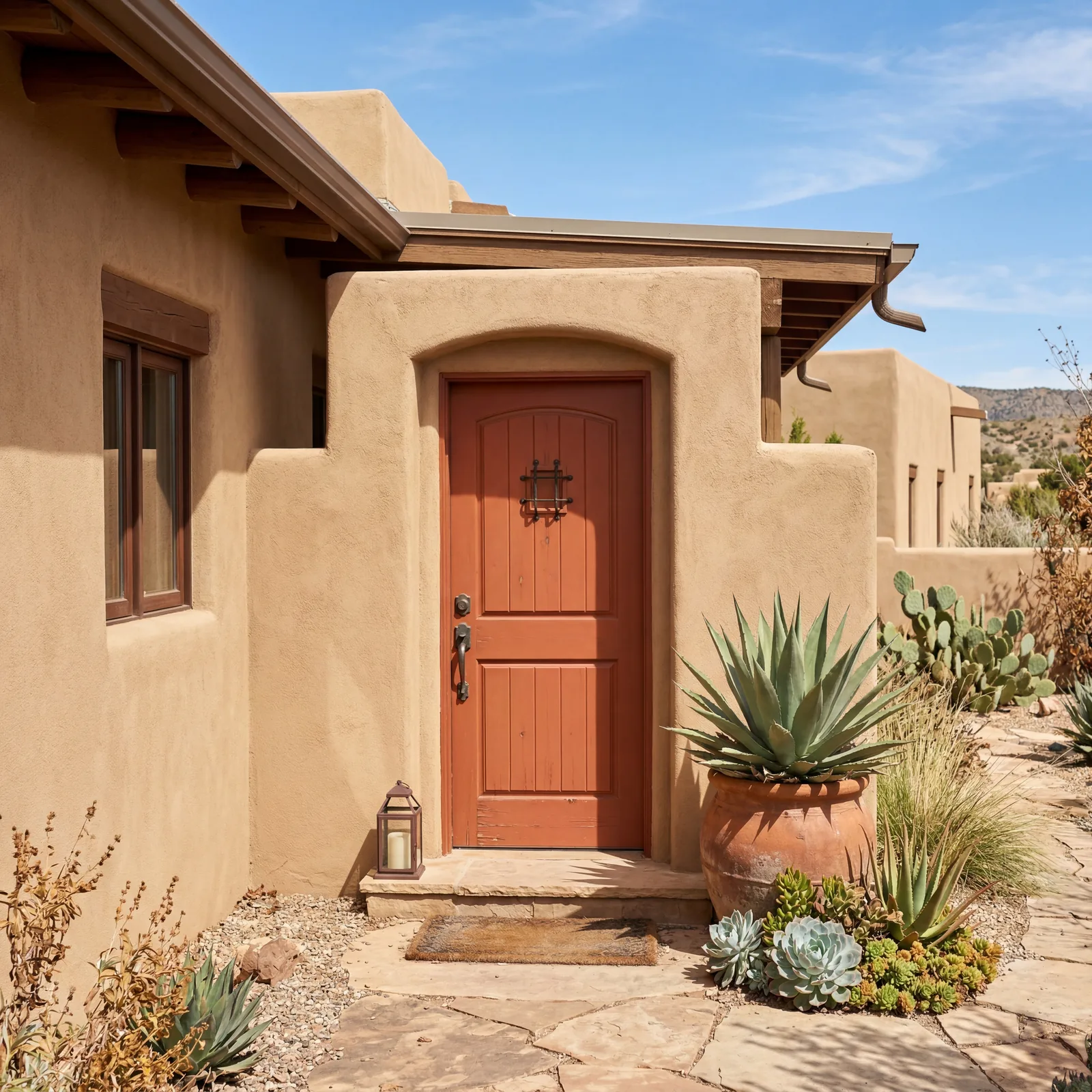 Warm tan stucco exterior home with terracotta painted front door, potted agave and succulents by the entrance, clear sou