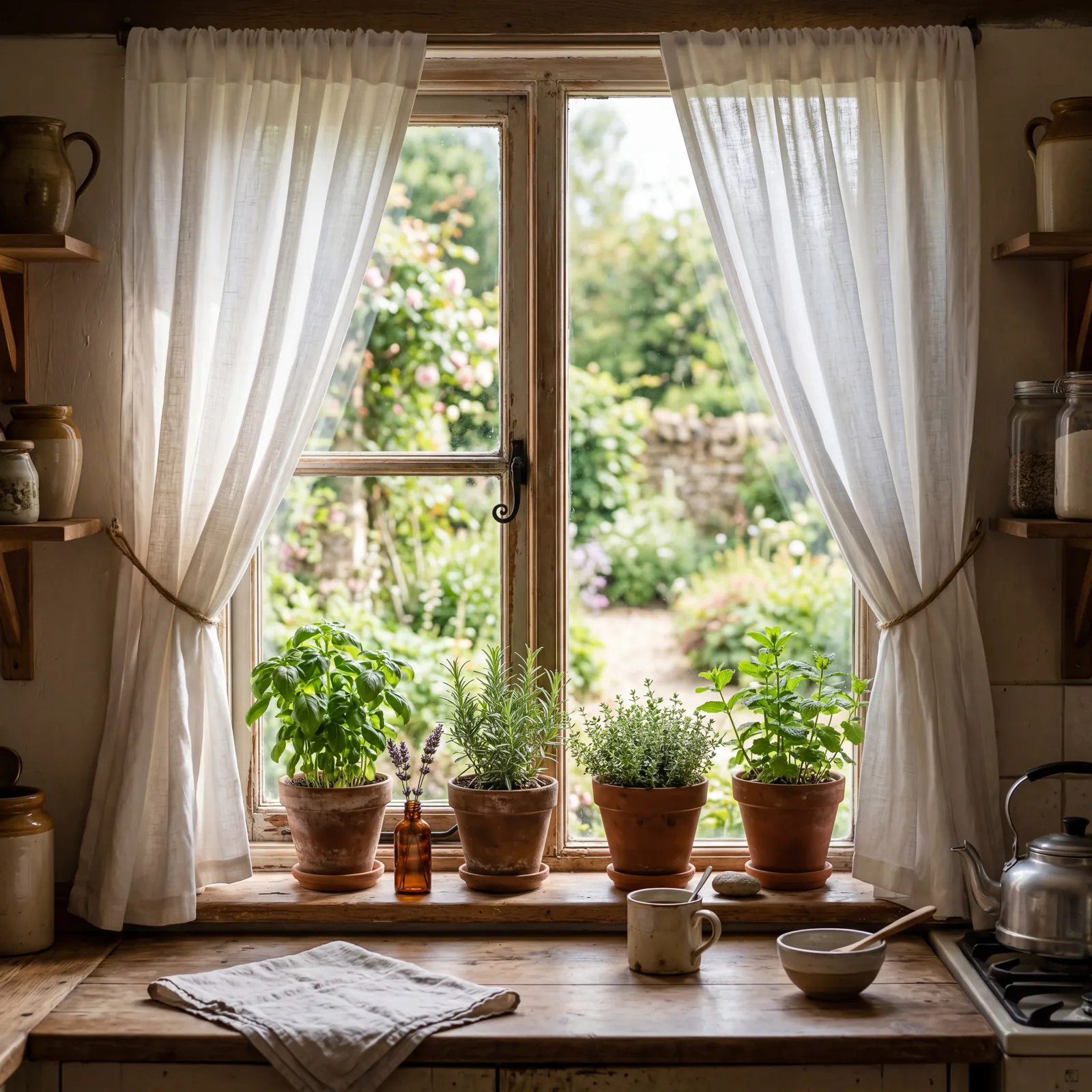 Farmhouse kitchen window with soft white linen curtains, morning light filtering through, herbs on the windowsill, warm 