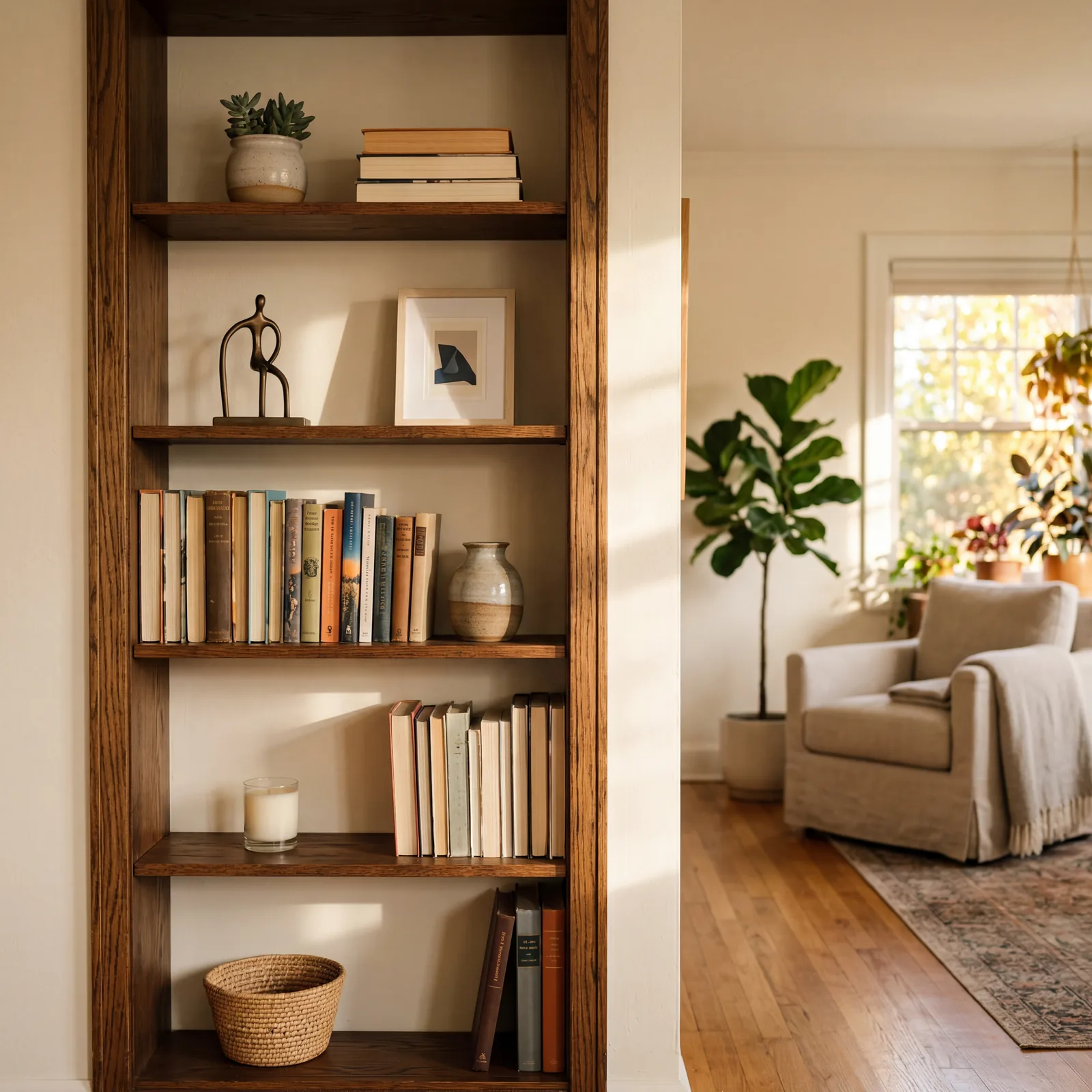 Living room bookshelf with books and a few carefully placed decorative objects, plenty of open breathing space between i