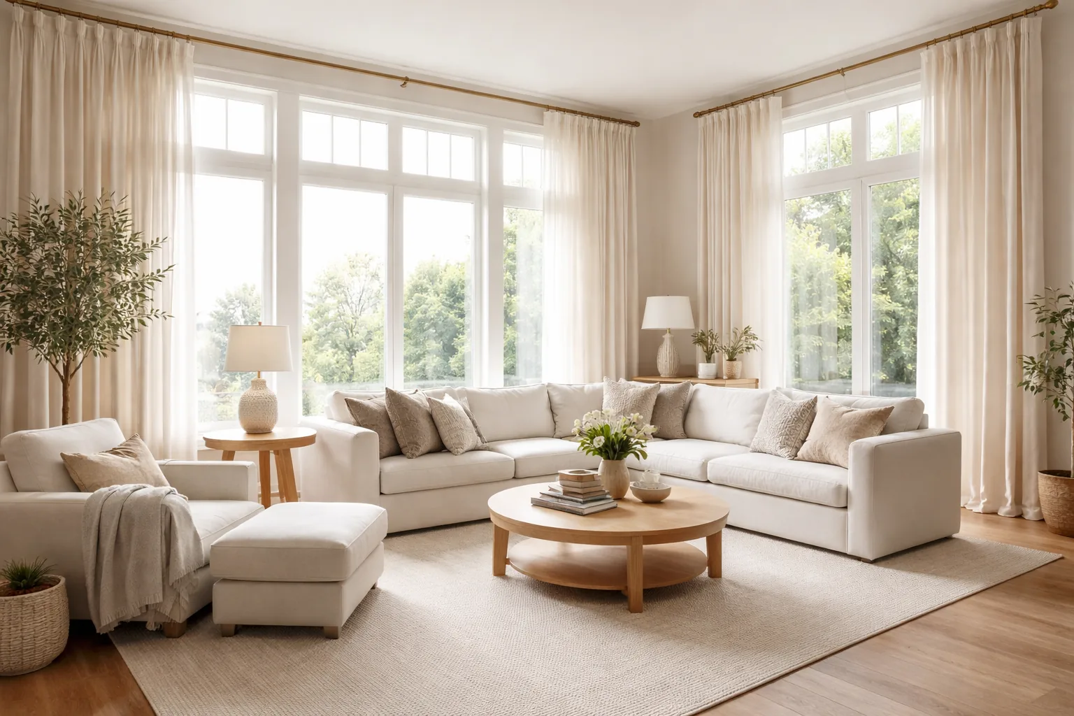 Living room with floor-length curtains hung near the ceiling, making windows appear tall and elegant, natural light