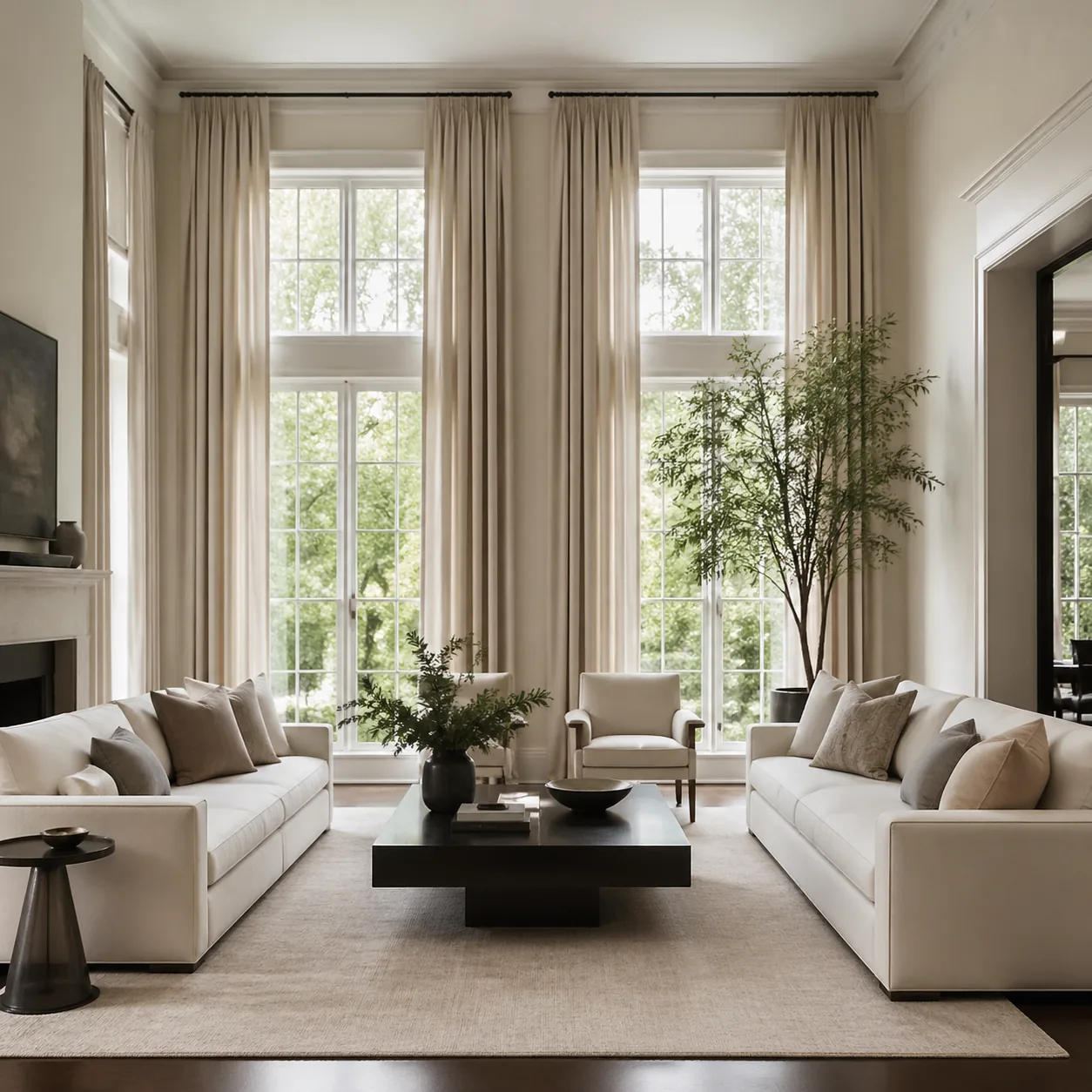 Living room with floor-length curtains hung near the ceiling, making windows appear tall and elegant, natural light