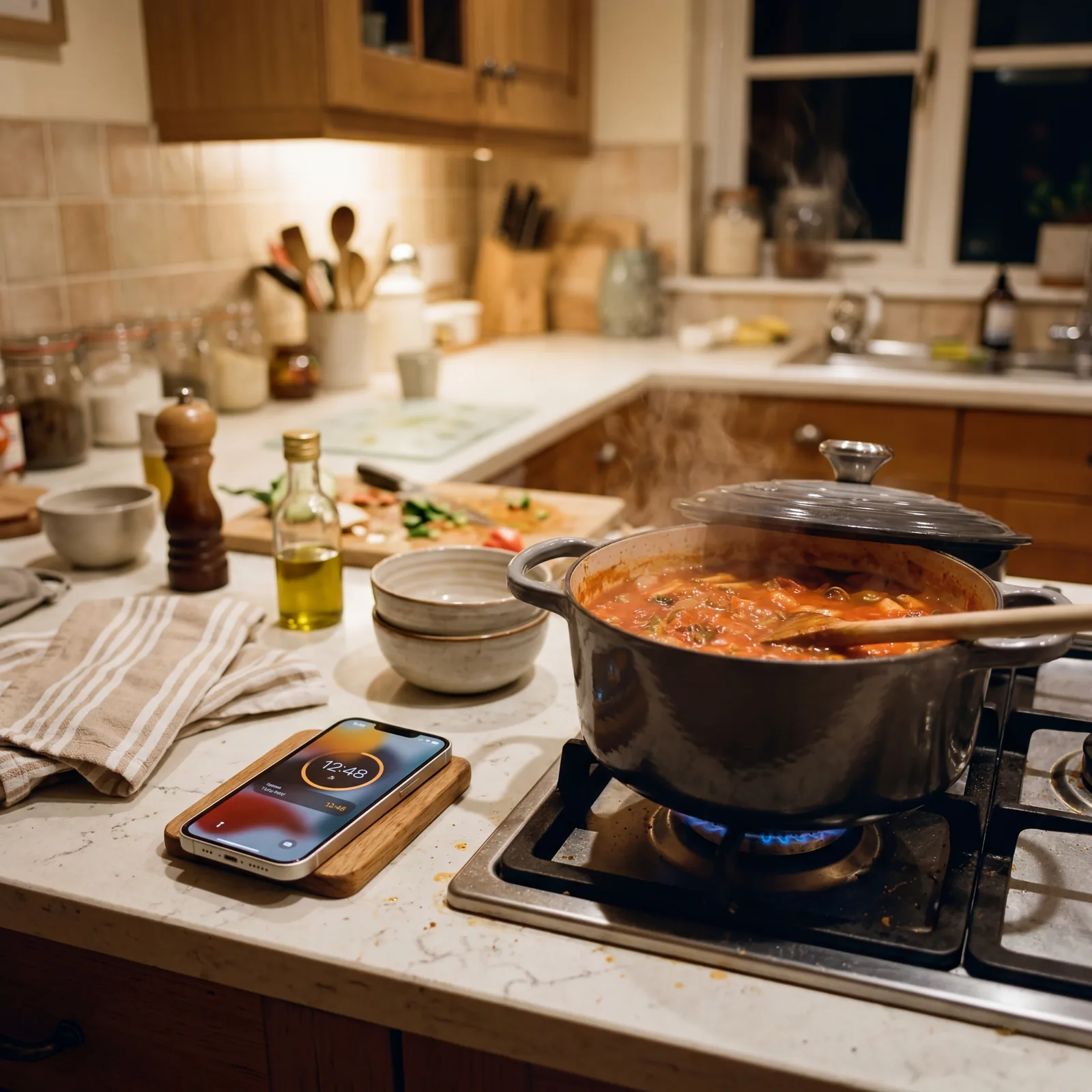 Phone timer set on a kitchen counter next to a simmering pot, warm kitchen light, casual domestic scene