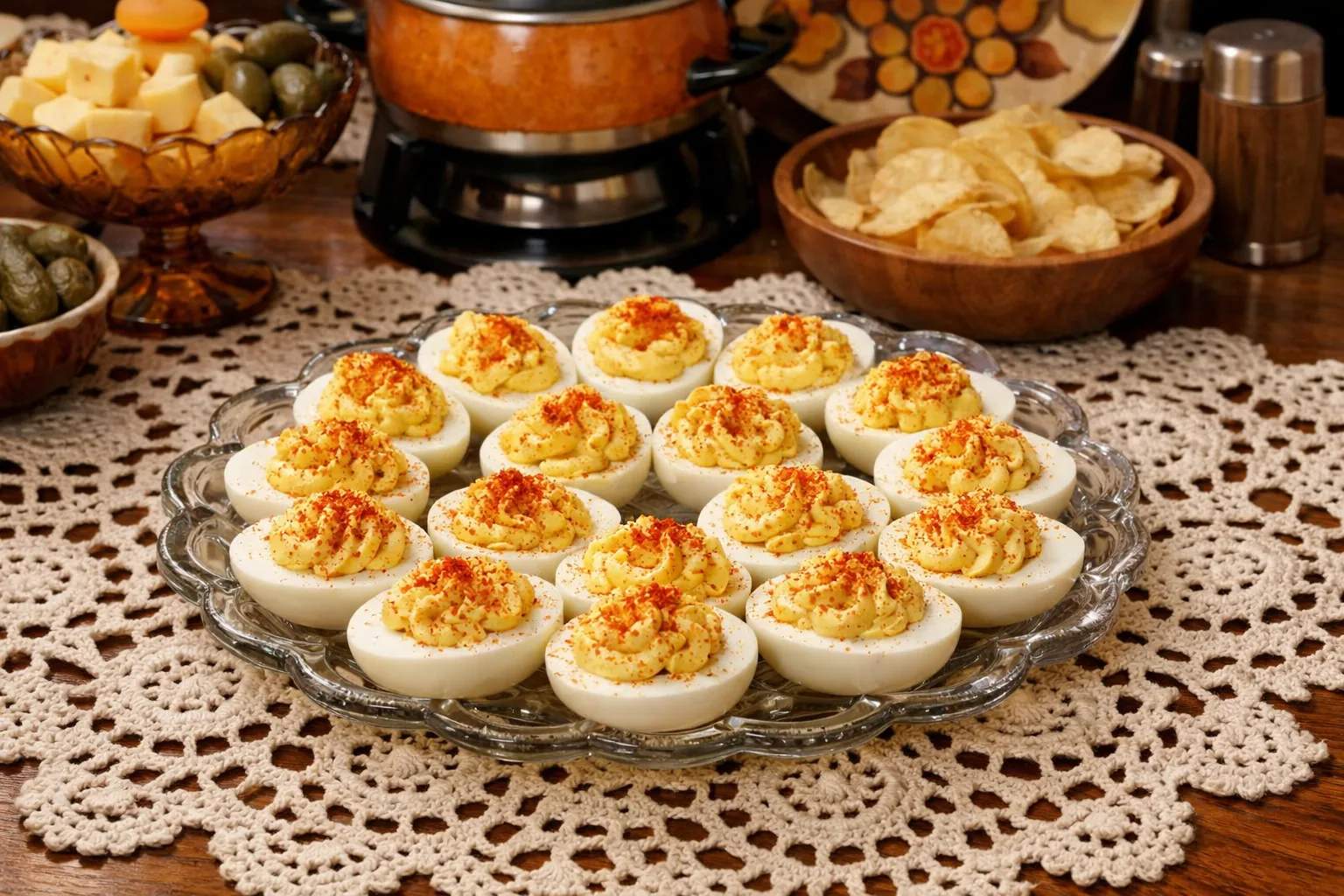 Platter of deviled eggs garnished with paprika on a 1970s hostess table with a crocheted tablecloth