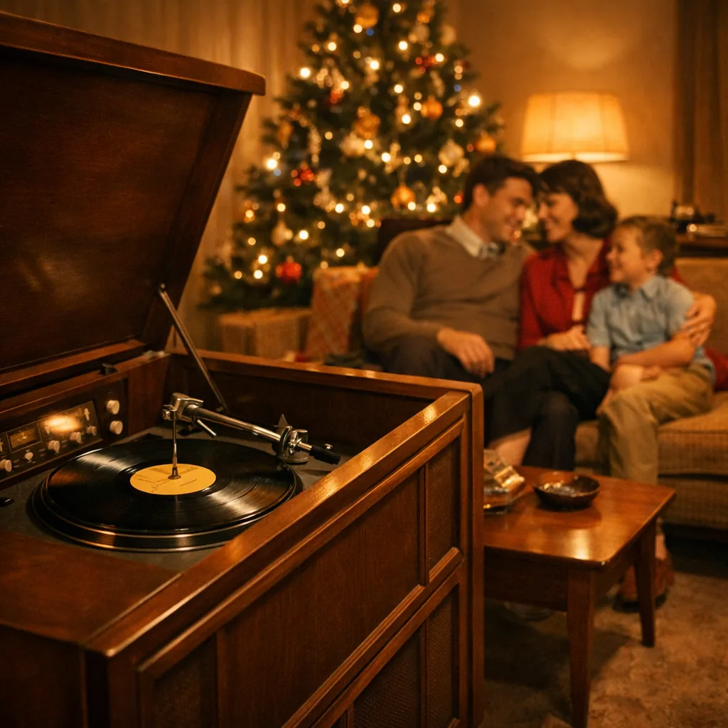A 1960s living room with a large cabinet-style console record player, a vinyl record spinning, a decorated Christmas tre