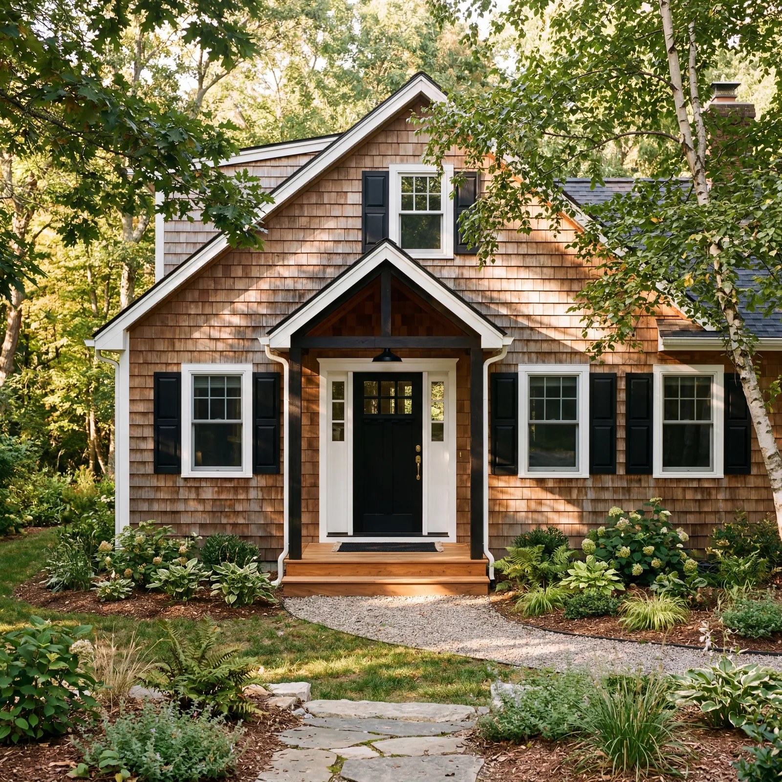 Cedar shake shingle sided home with a matte black front door and black shutters, simple landscaping, natural wood tones 