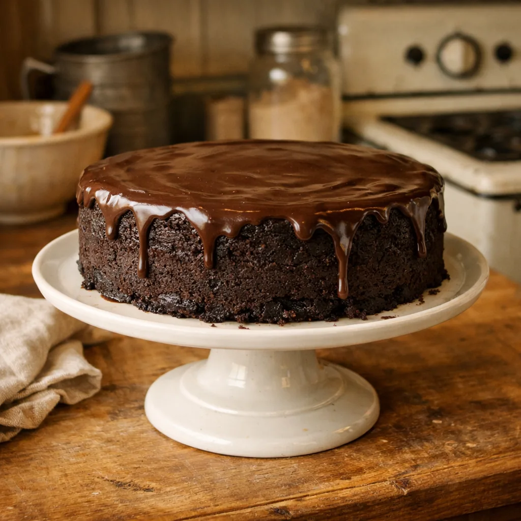 dense dark chocolate cake with simple cocoa glaze on a plain white cake stand, slightly imperfect edges, humble farmhous