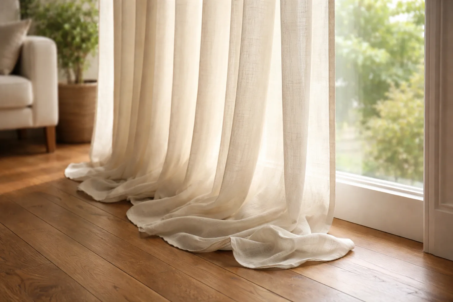 Elegant linen curtains pooling slightly on a hardwood floor near a window, natural light