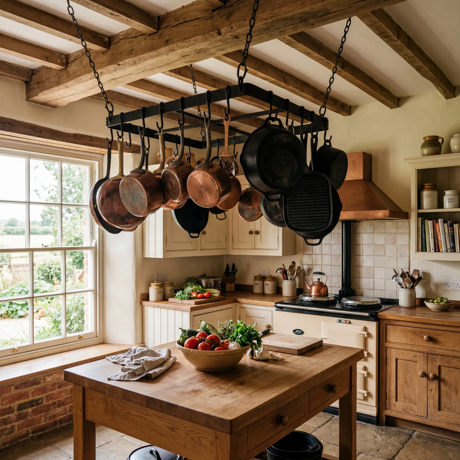 Farmhouse kitchen with a black cast iron ceiling pot rack hung with copper and cast iron pots, warm light, open kitchen 
