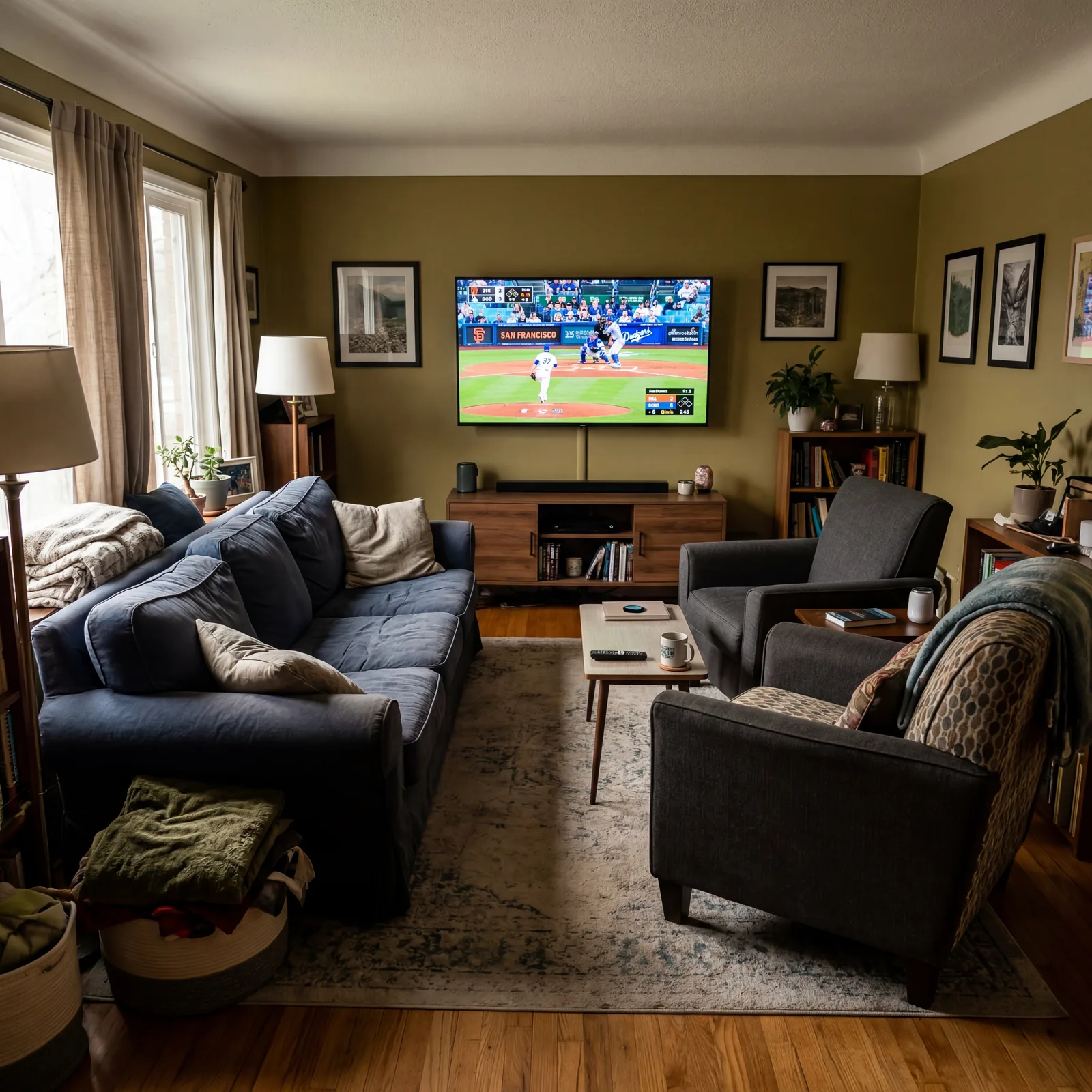 Living room where every chair and sofa is angled directly toward the television with no space for conversation