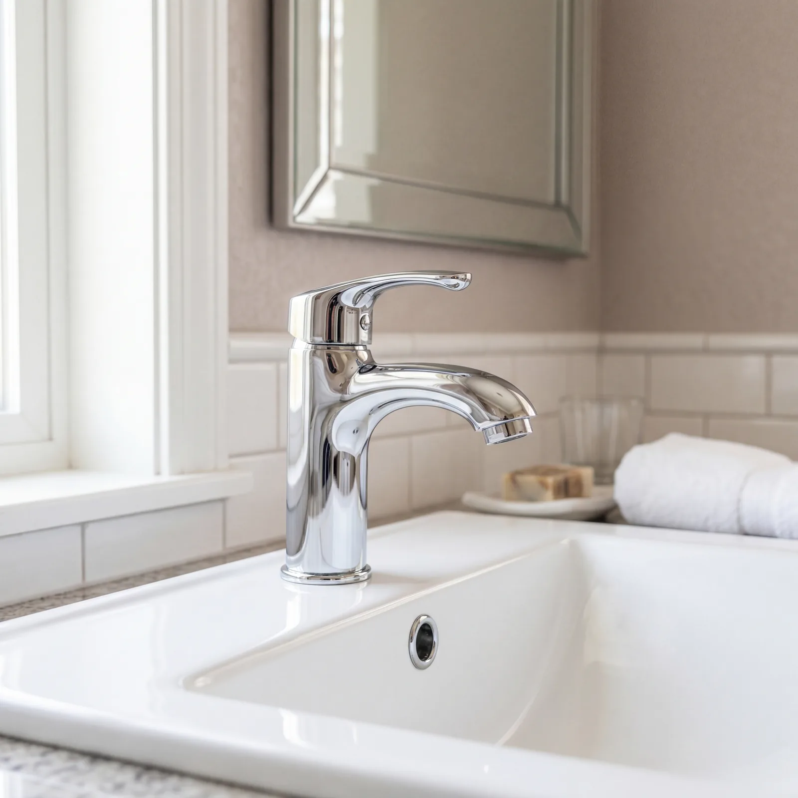 Polished chrome bathroom faucet, gleaming and water-free, clean white sink, soft bathroom interior light
