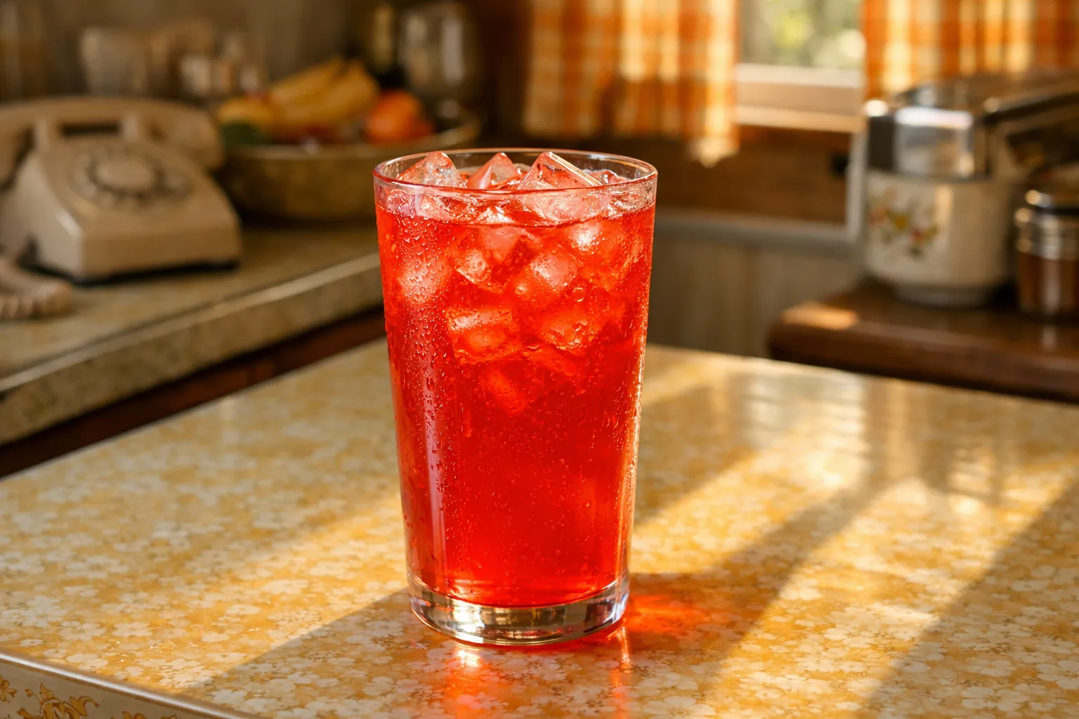 Tall glass of bright red Hi-C fruit punch with ice on a 1970s kitchen table, late afternoon sunlight through the window