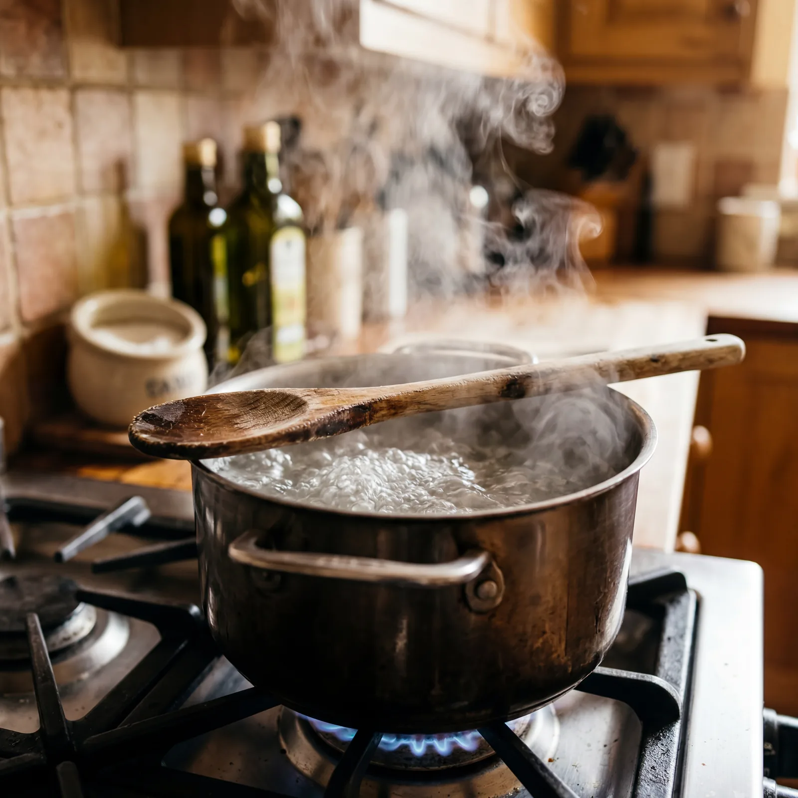 Wooden spoon resting across the rim of a pot on the stove, water just at a rolling boil, steam rising, warm kitchen ligh
