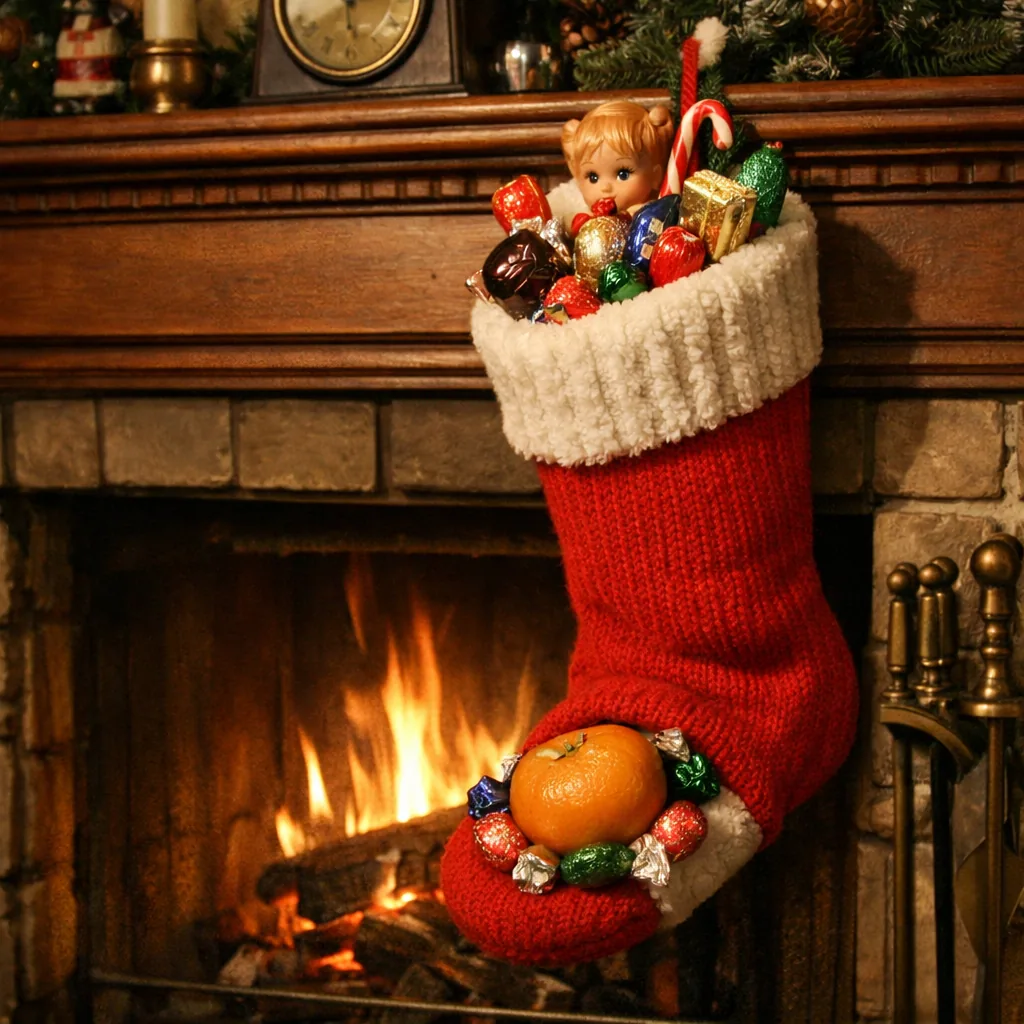 A 1960s fireplace mantel with a stuffed Christmas stocking hanging from it, a small mandarin orange visible at the toe o
