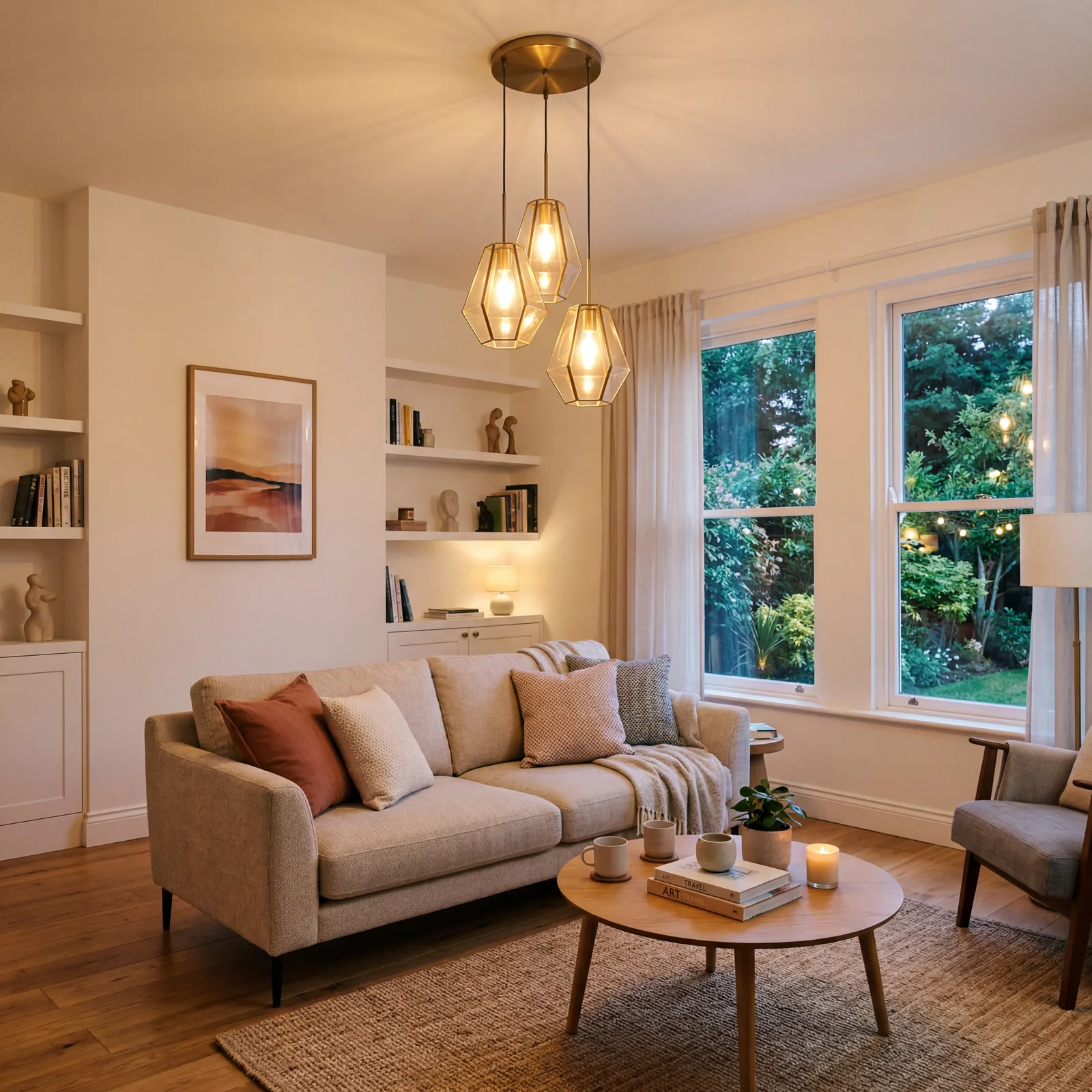 Bright living room with a modern pendant light fixture in place of a dated ceiling fan, soft warm glow illuminating a ne