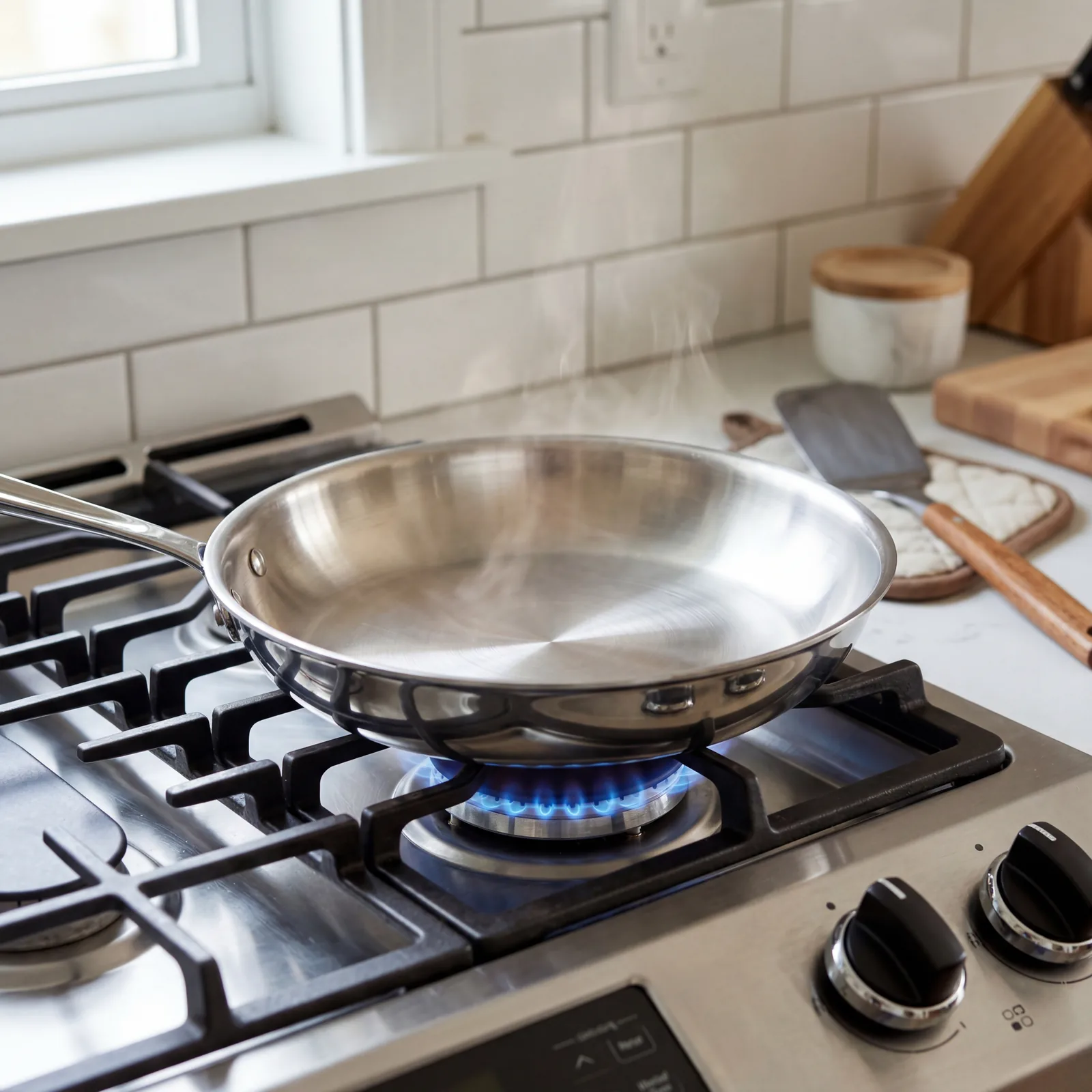 Empty stainless steel pan heating on a gas stove burner, slight shimmer visible above the surface, clean kitchen