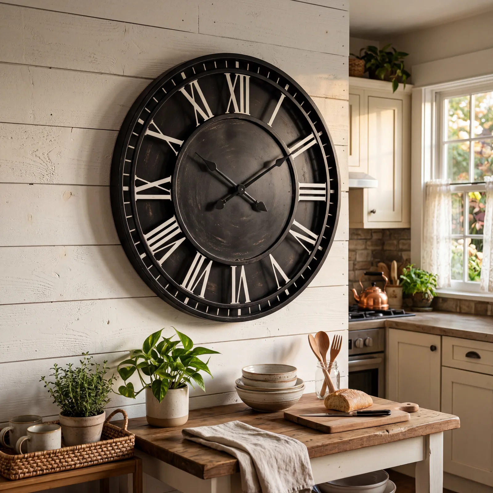 Large round black metal farmhouse wall clock on a shiplap or white wall in a cozy kitchen, warm afternoon light