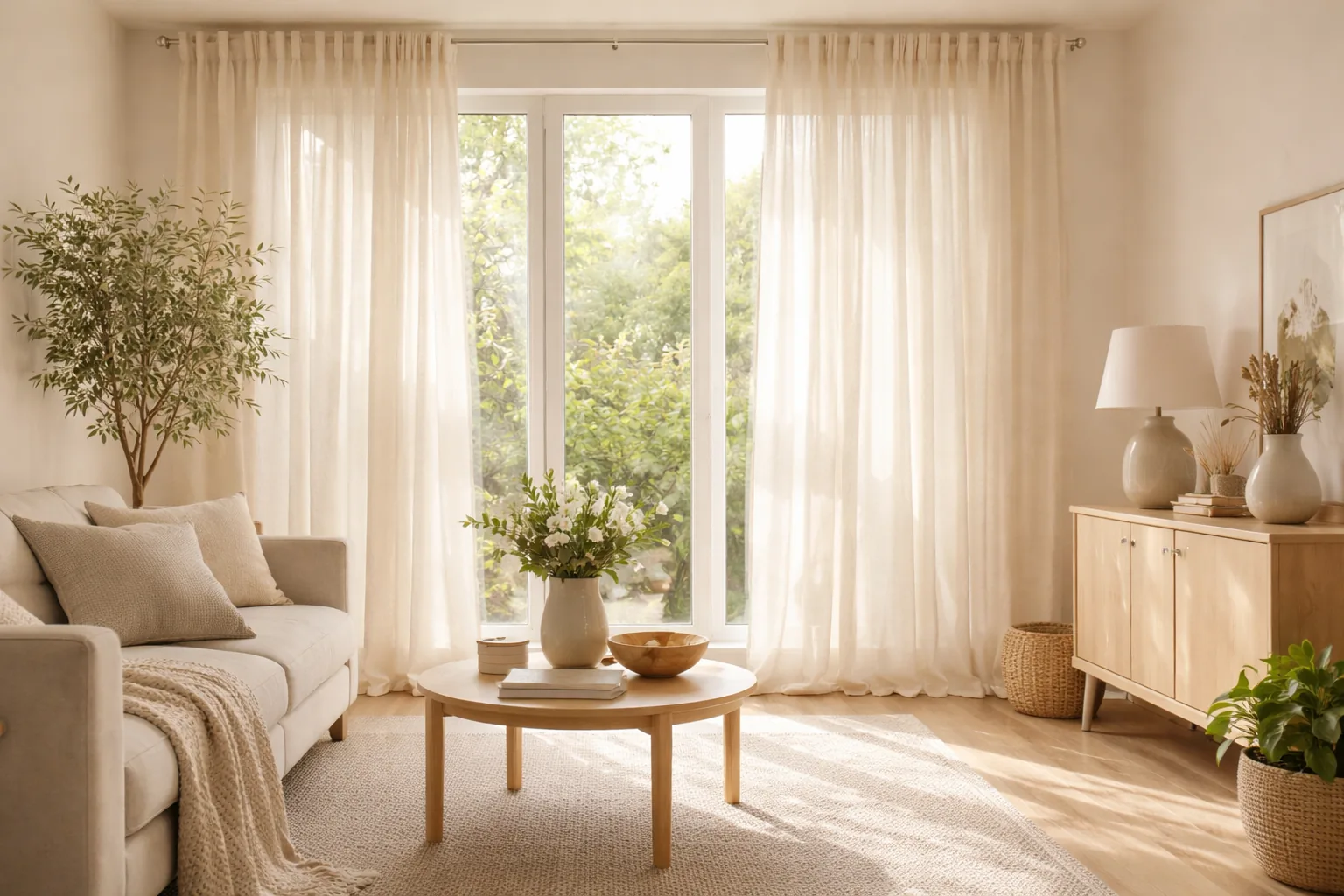 Natural linen curtains softly filtering afternoon light in a bright living room
