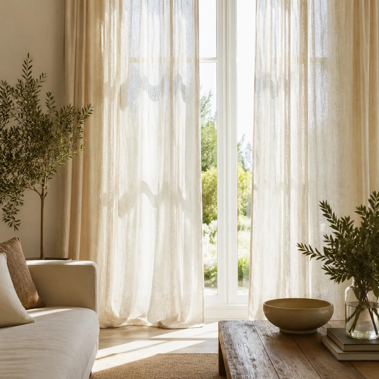 Natural linen curtains softly filtering afternoon light in a bright living room