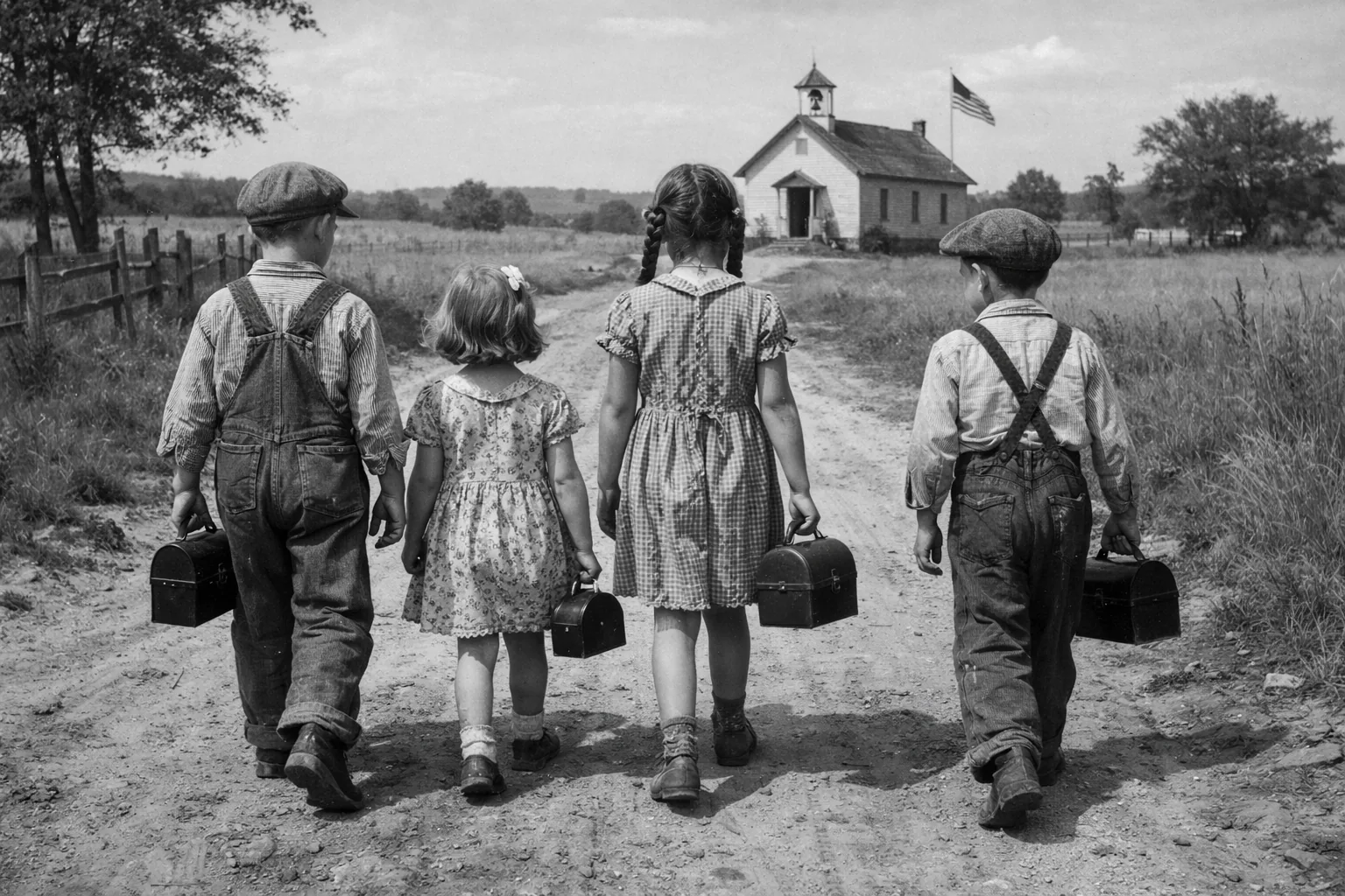 1930s era American children walking along a rural dirt road toward a small country schoolhouse in the distance, lunchbox