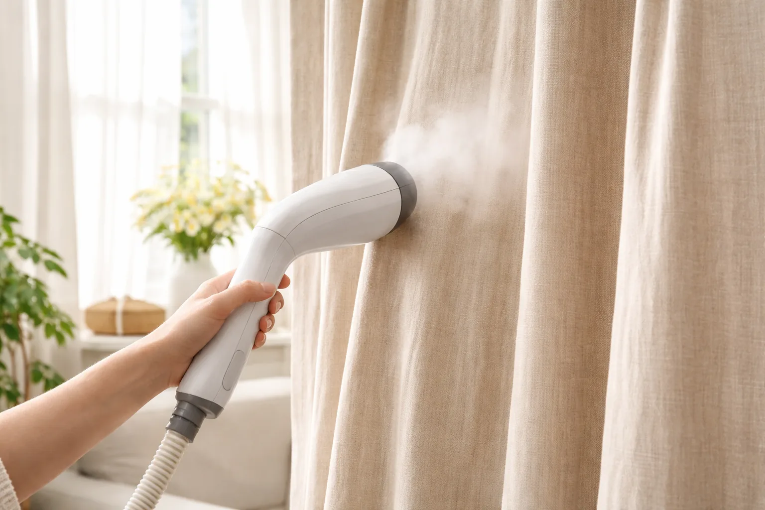 A garment steamer being used on hanging linen curtains in a bright room