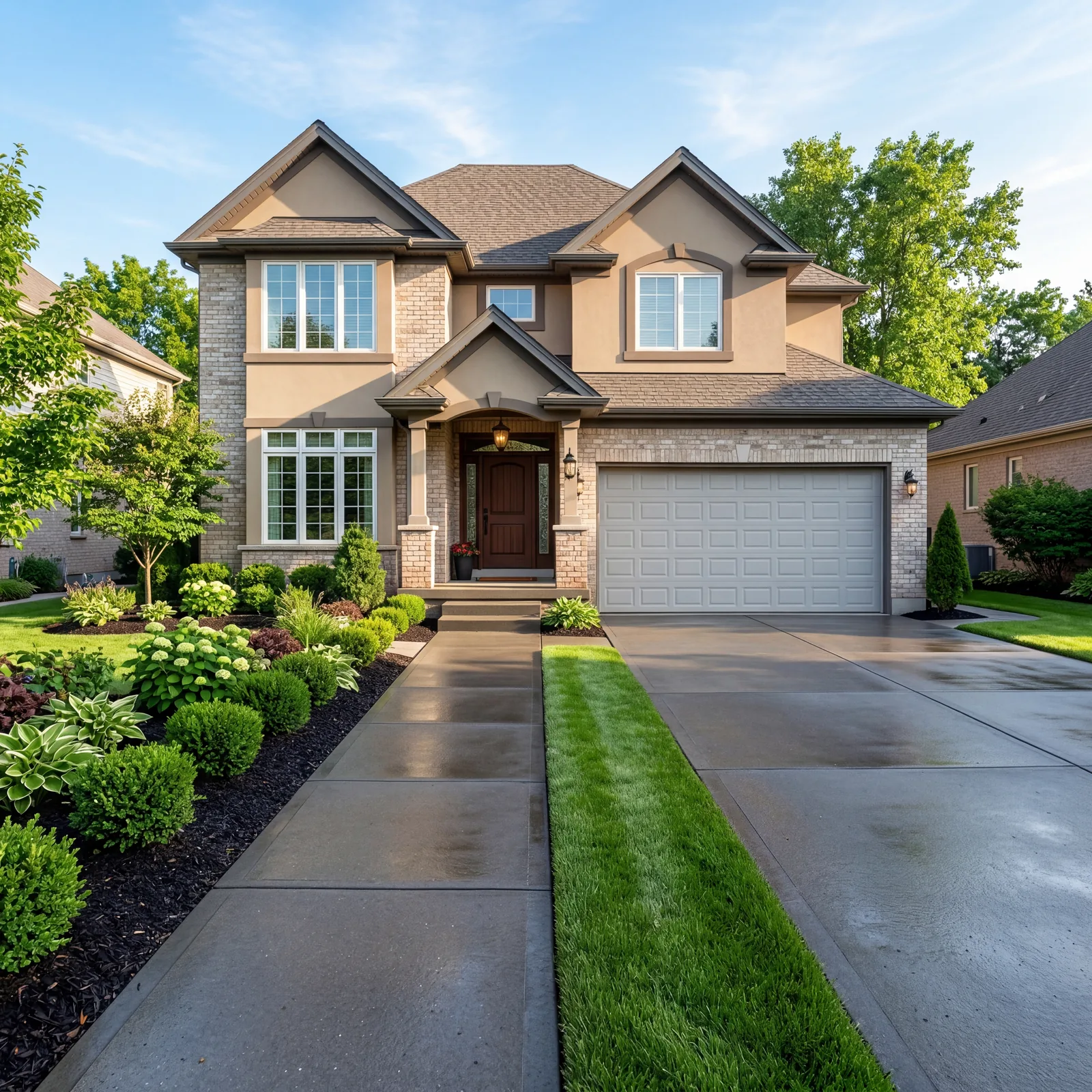 Clean concrete driveway and front walkway of a suburban home, freshly power washed, bright morning sun, neat landscaping