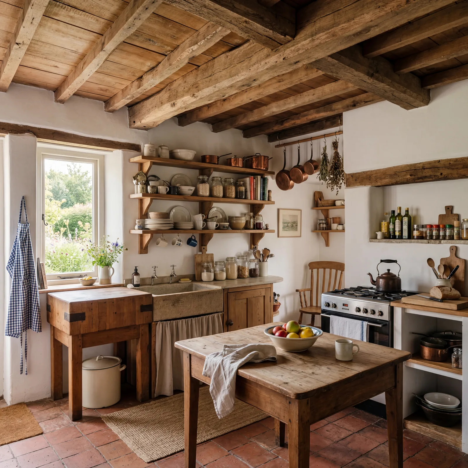Farmhouse kitchen with exposed wooden ceiling beams, white walls, warm morning light, open shelving visible, lived-in an