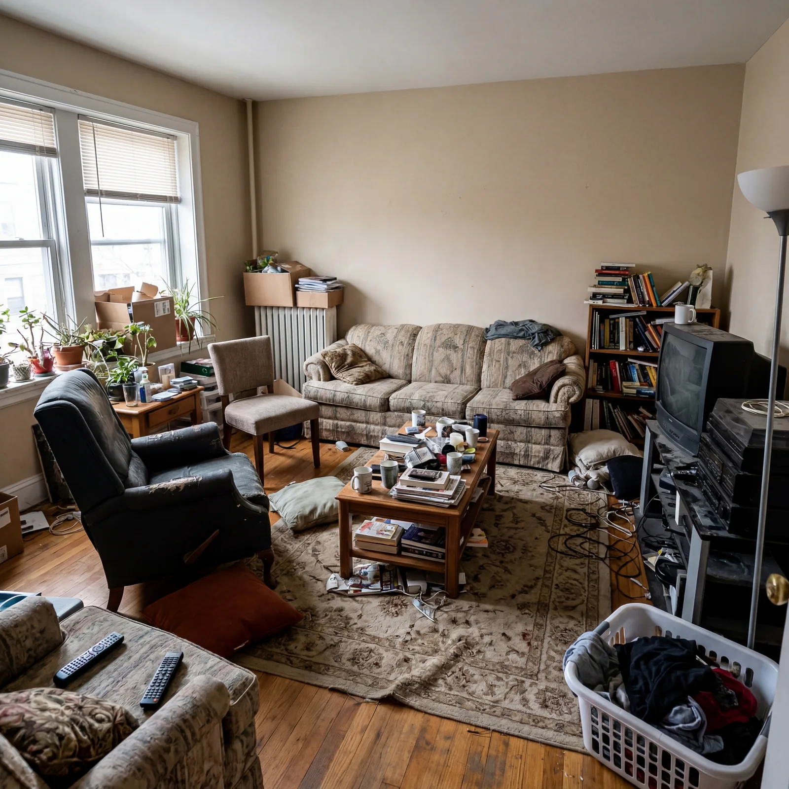 Living room with no clear focal point, furniture arranged without any dominant feature to orient toward, feeling directi