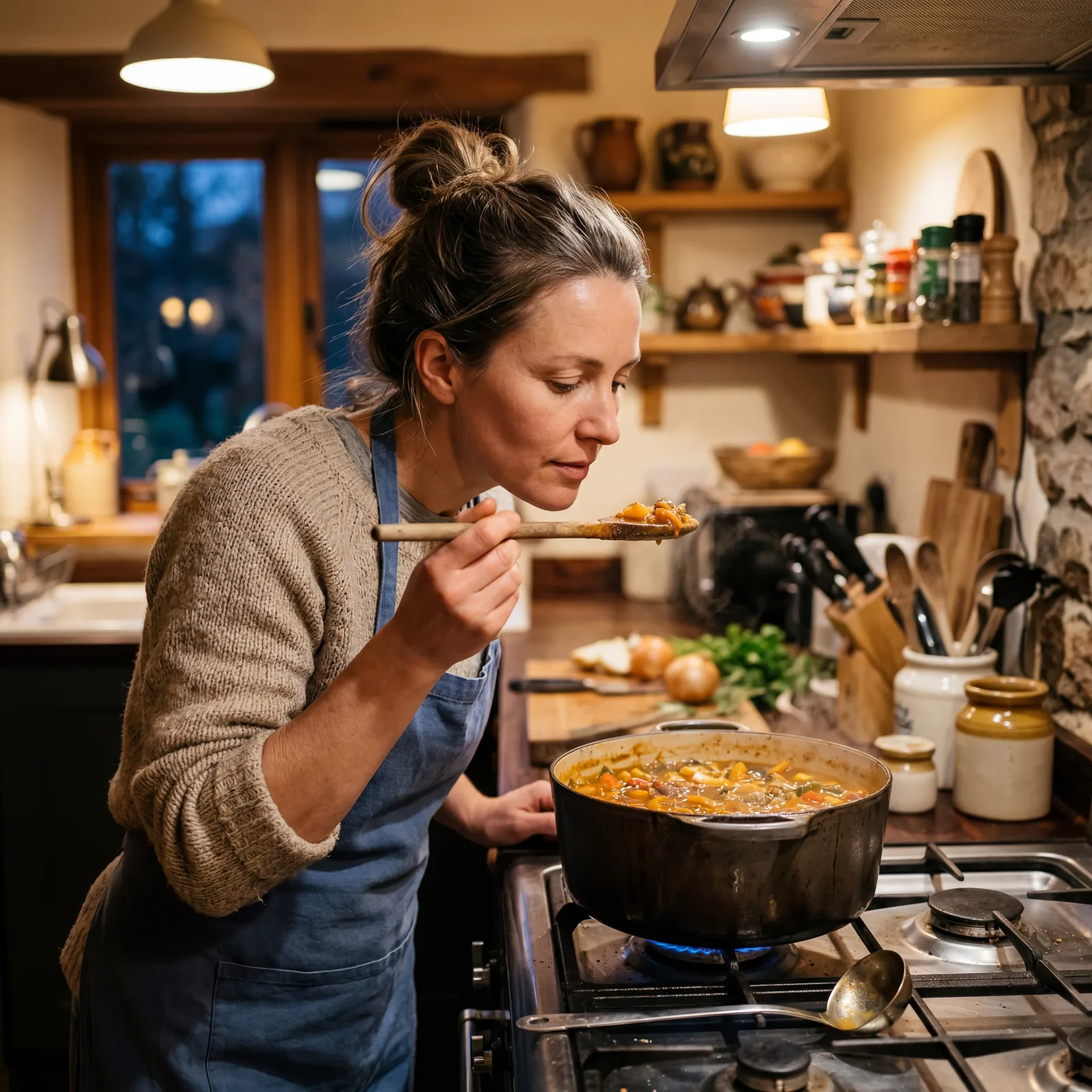 Person tasting from a wooden spoon over a simmering pot, focused and calm expression, warm kitchen lighting, natural and