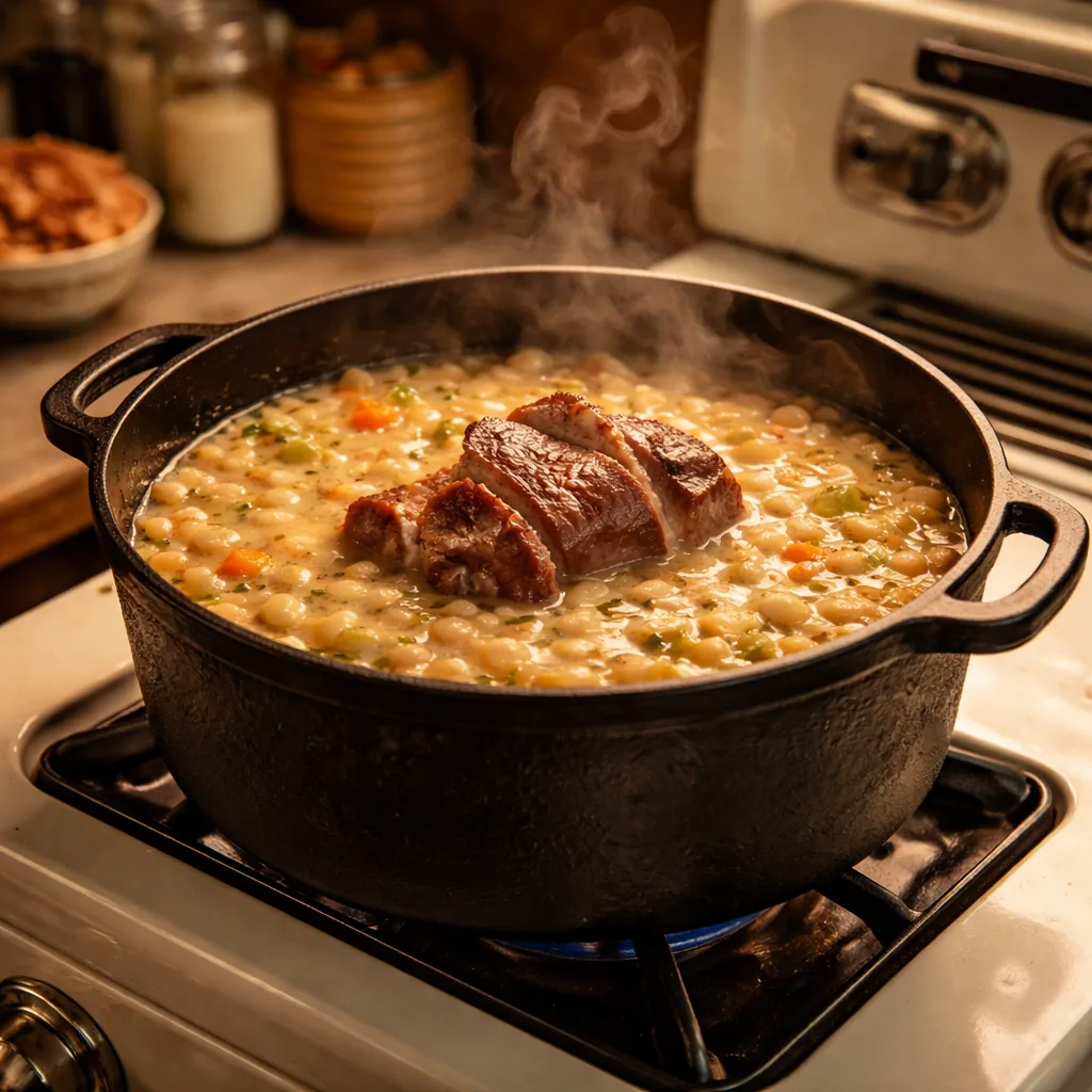 thick white bean soup with a ham hock visible in the center, steaming in a heavy cast iron pot on a 1940s stove, warm ki