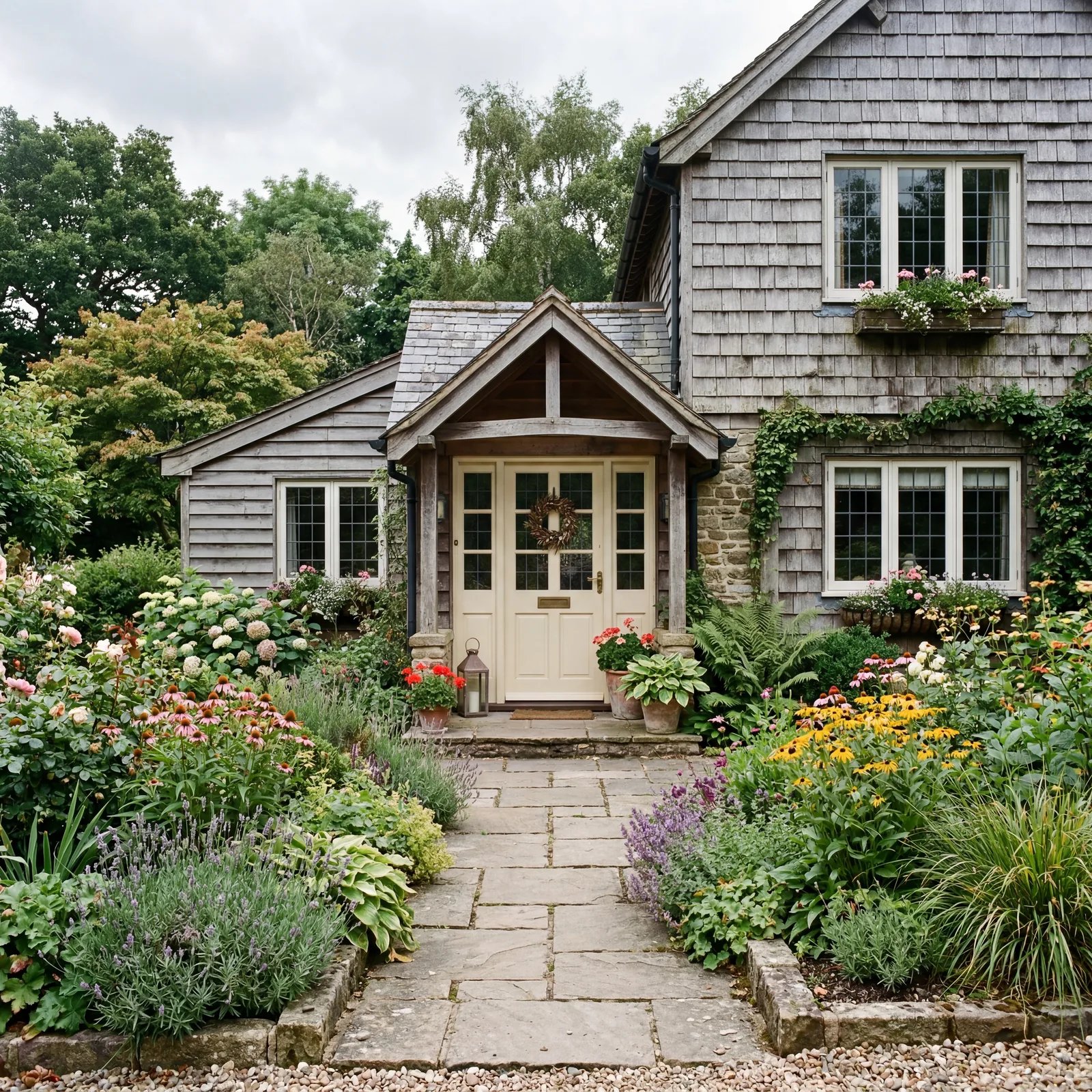 Weathered grey wood siding home with a warm cream painted front door, natural stone path to the entrance, perennial gard