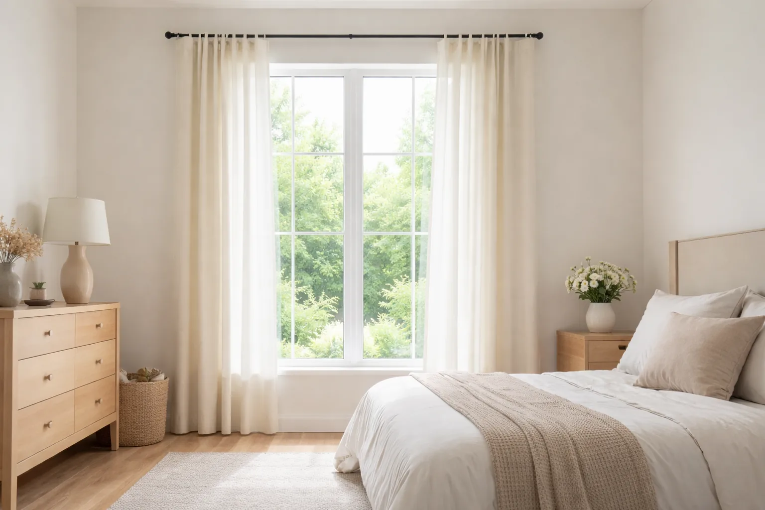 Clean window in a bedroom without a valance, simple curtain panels only, natural light