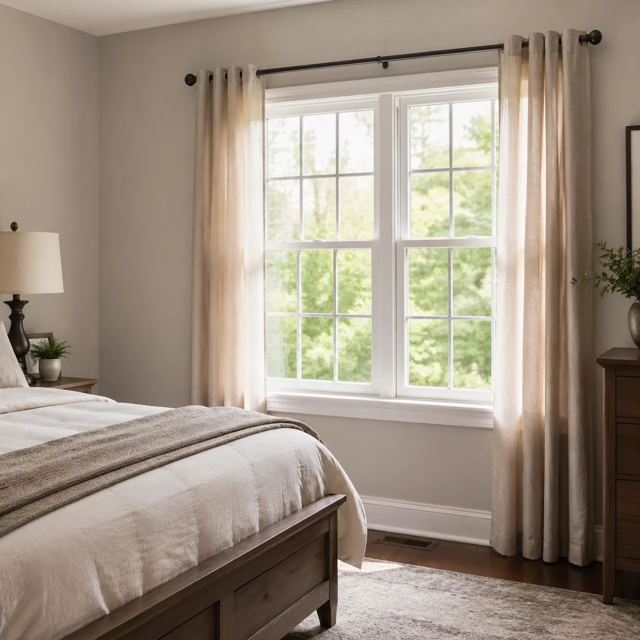 Clean window in a bedroom without a valance, simple curtain panels only, natural light