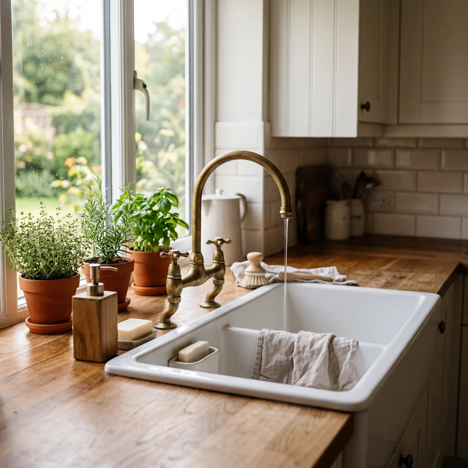 Close-up of a white apron-front farmhouse sink with a brass faucet, morning light, fresh herbs nearby, clean and warm ki