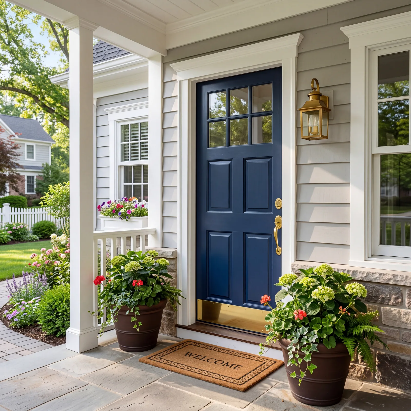 Front door of a suburban American home painted in deep navy blue, clean white trim around it, potted plants either side,