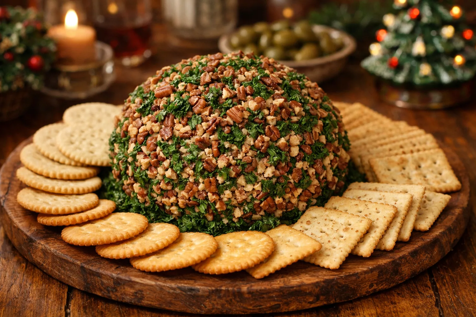 Large homemade cheese ball coated in chopped pecans and fresh parsley on a wooden board at a 1970s holiday gathering, cr
