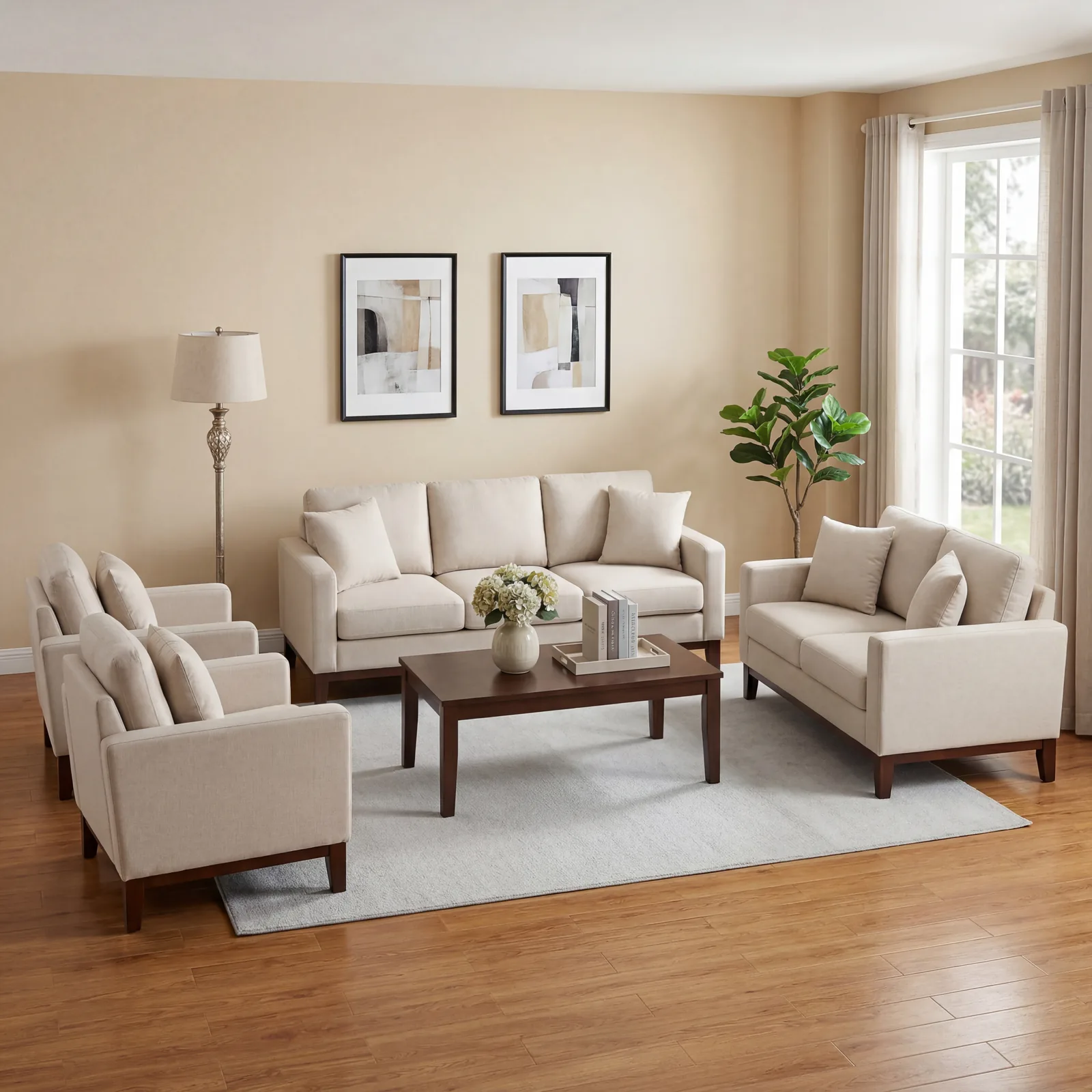 Living room with perfectly matched sofa, loveseat, and two armchairs all in identical fabric and finish, looking stiff a