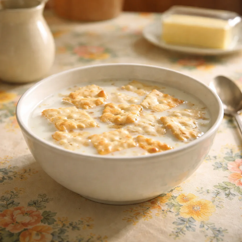 simple soda crackers broken into pieces floating in a bowl of whole milk, plain white ceramic bowl, oilcloth table cover