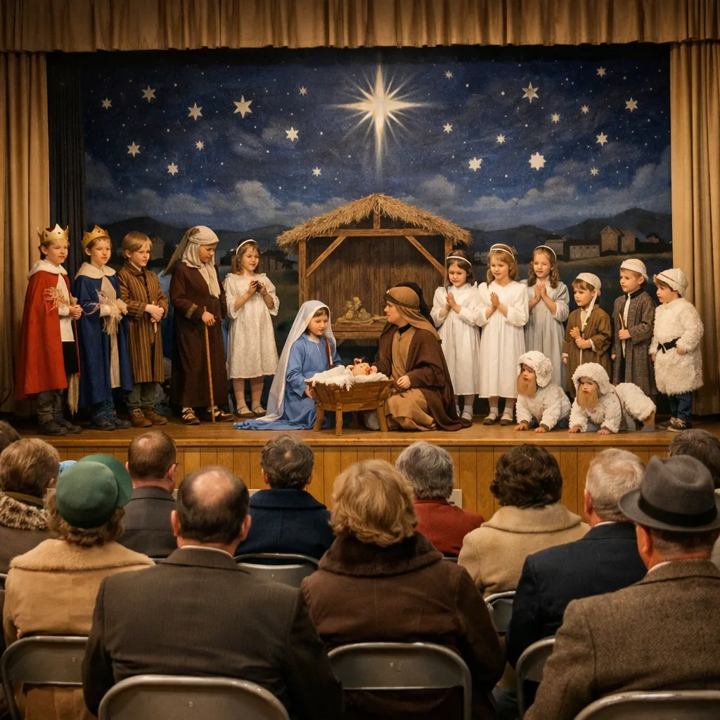 A 1960s school gymnasium stage with children in costumes performing a Christmas pageant, an audience of parents in winte