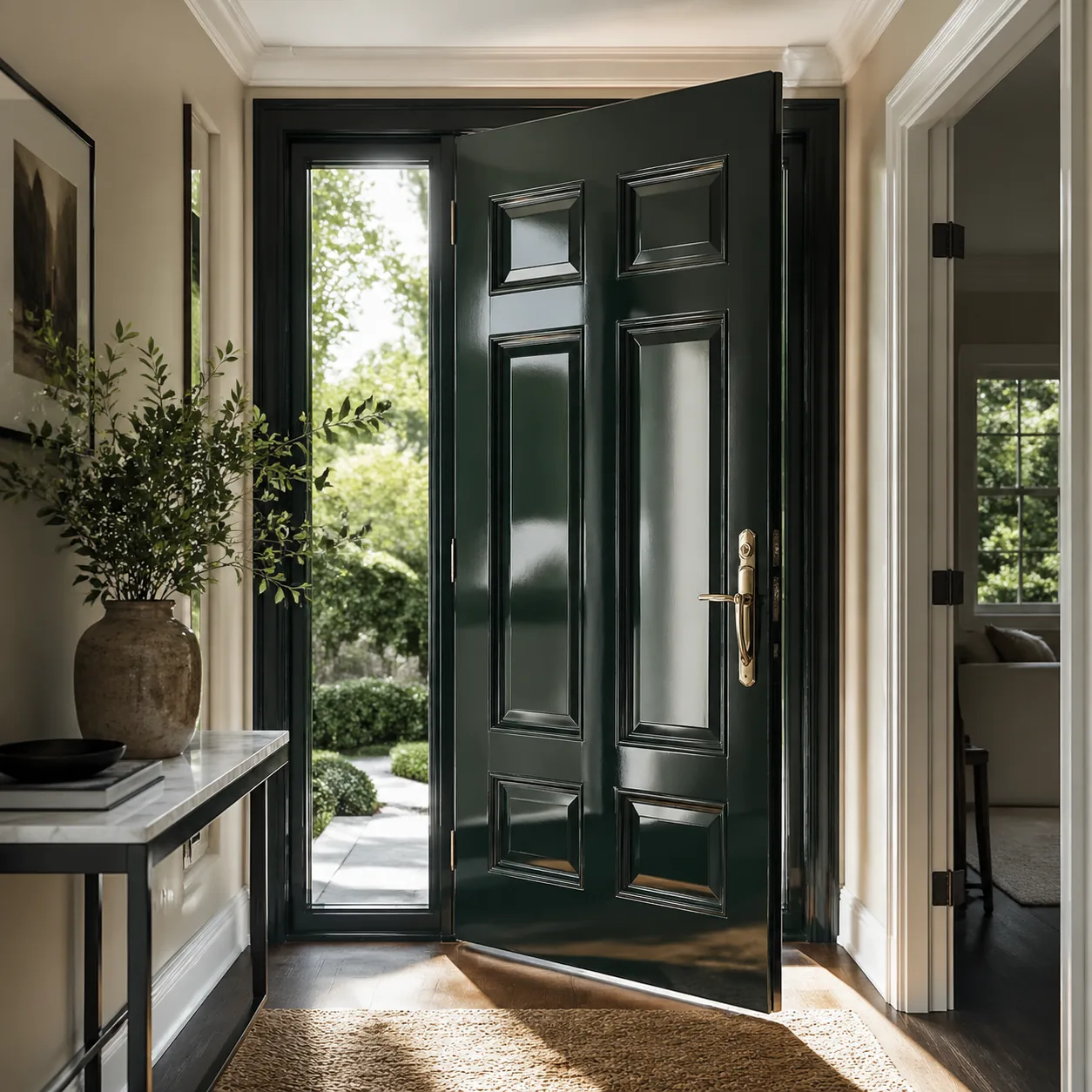 Elegant front door interior painted in a deep navy or forest green high-gloss finish, viewed from inside the entryway