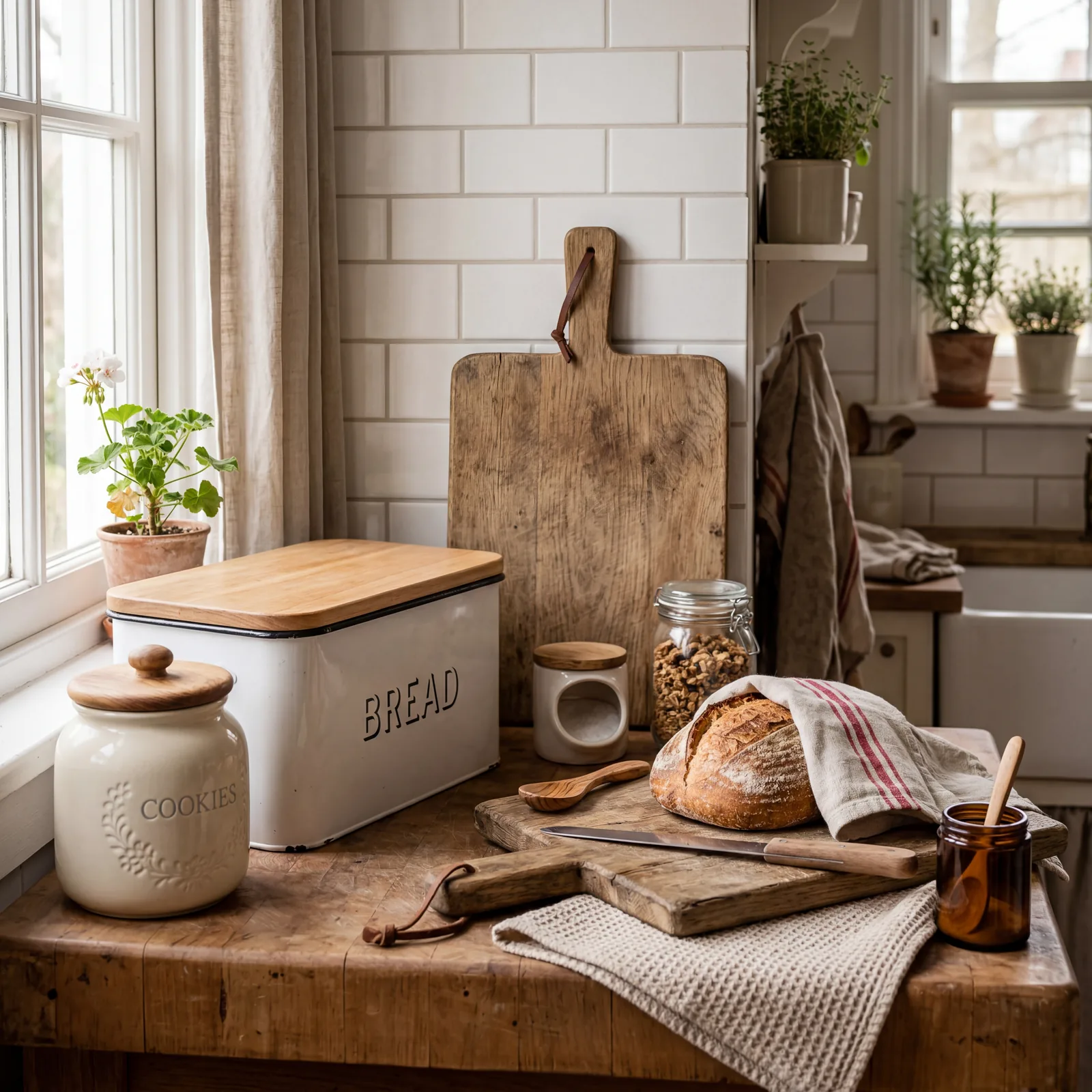 Farmhouse kitchen counter with a white enamel bread box and ceramic cookie jar beside a wooden cutting board, warm domes