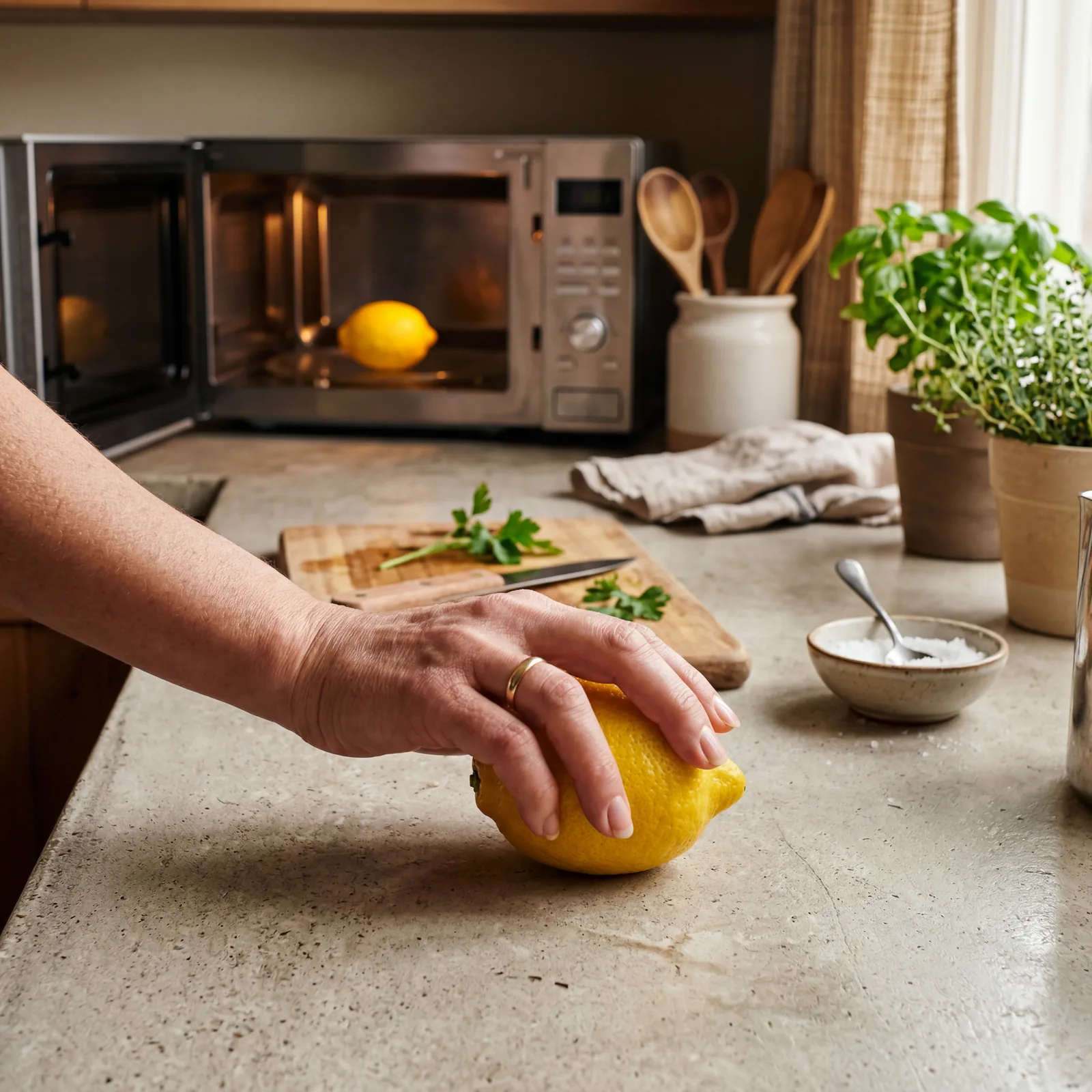 Lemon being rolled on a kitchen counter with a hand pressing down firmly, another lemon warming in a small microwave in 