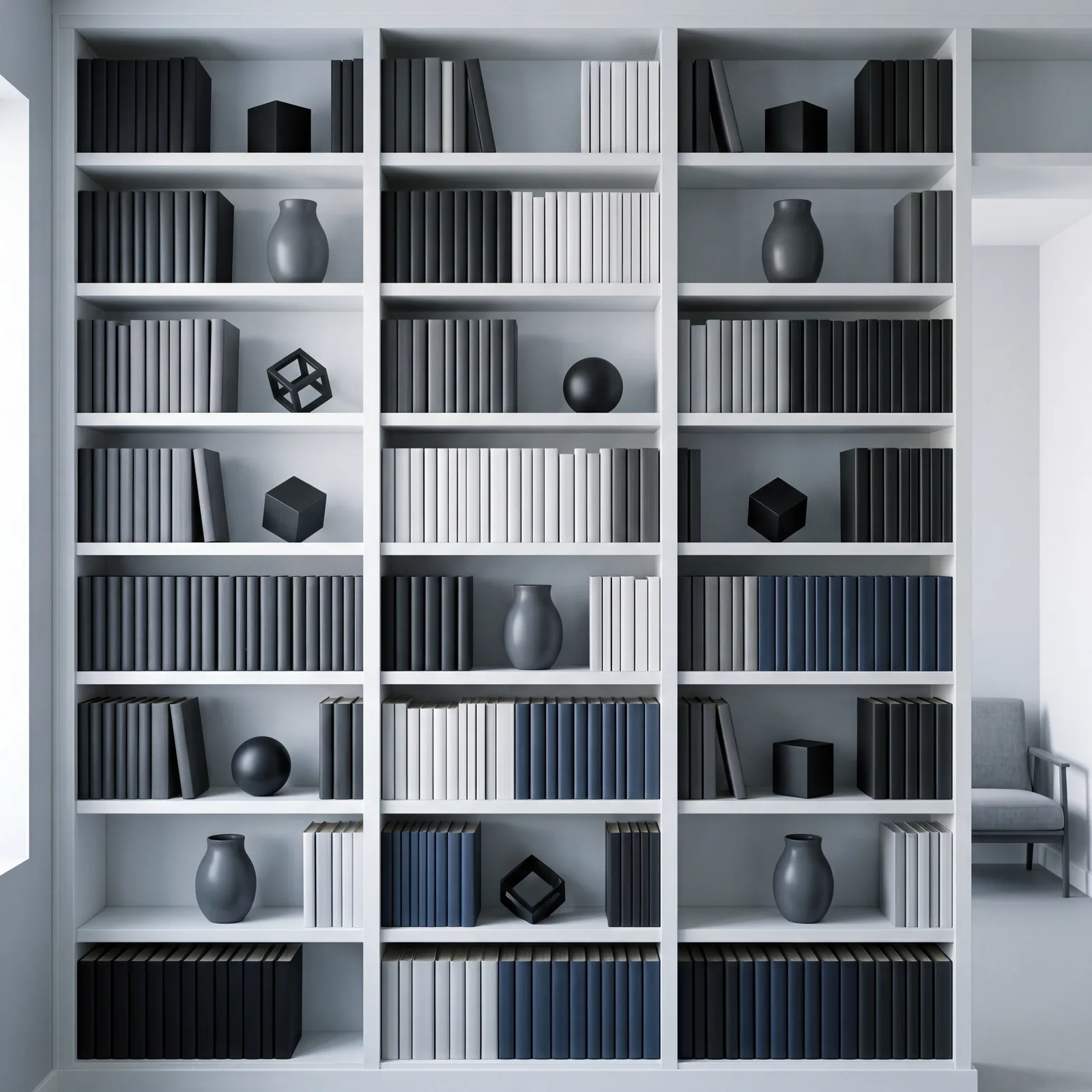 Living room bookshelf perfectly arranged with matching objects and books turned spine-out, looking pristine but complete